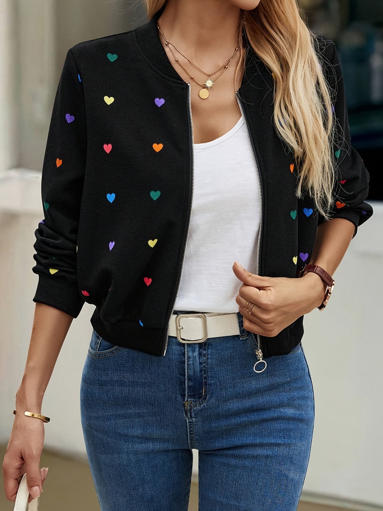 Women's Jacket - Black with Multicolor Hearts, All-Season Outerwear for Everyday & Formal Events, Machine Washable Women's Coat, Event Casual Wear, Easycare Material