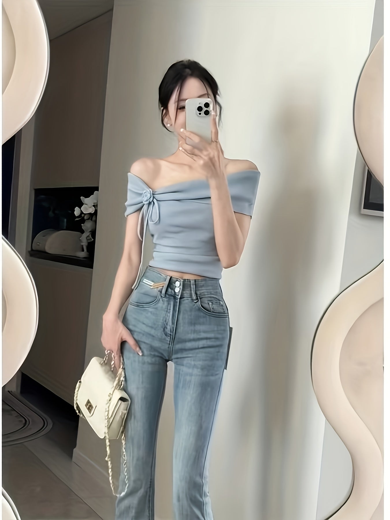 French-Inspired Off-the-Shoulder Floral Women's Top - Stretchy Shirt with Asymmetrical Hem, Lightweight 3-Season Machine-Washable Blouse for Casual & Formal Wear, Summer Fashion, Elegant Silhouette, Sleek Fit, Highelasticity Fabric