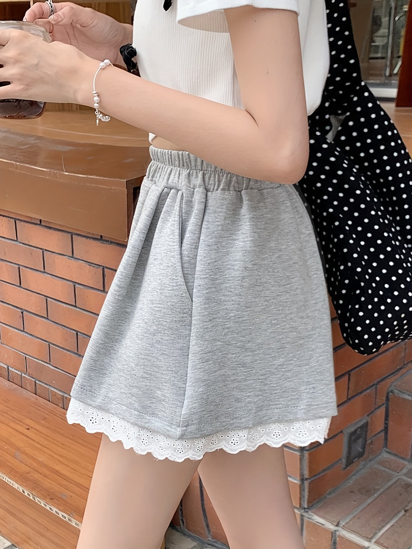 Chic Summer Short Pants, Solid Color, Non-Stretch, Contrast Lace, Regular Fit