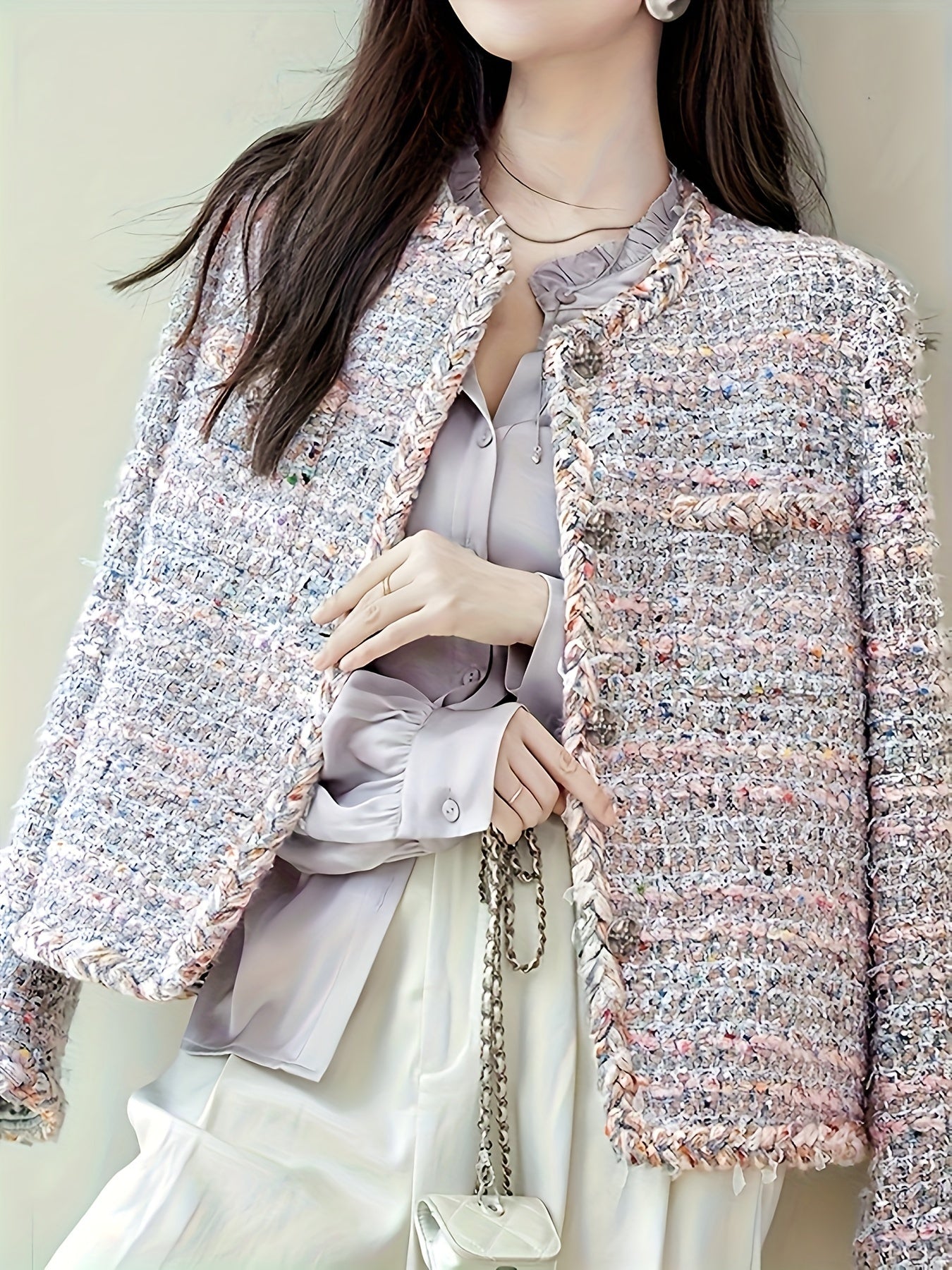 Chic Lightweight Tweed Blazer with Braided Detail - Long Sleeve, Button-Up, H-Silhouette, Beige & White Check Pattern, Perfect for Fall\u002FWinter Fashion, Autumn Winter Jacket | Hsilhouette Blazer | Elastane Comfort Fit