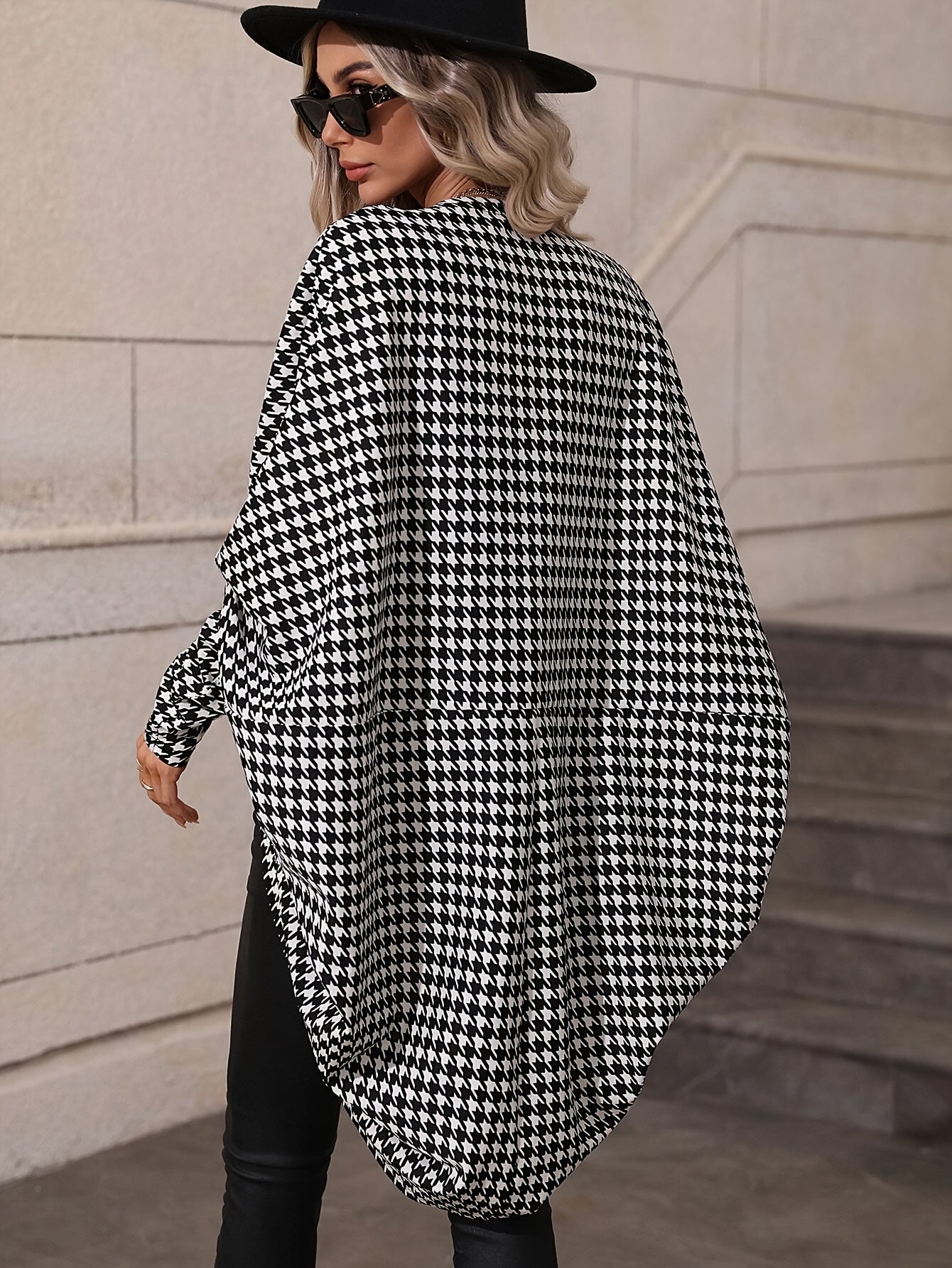 Elegant Houndstooth Batwing Sleeve Open Front Jacket - Polyester Blend, Machine Washable - Women's Fashion
