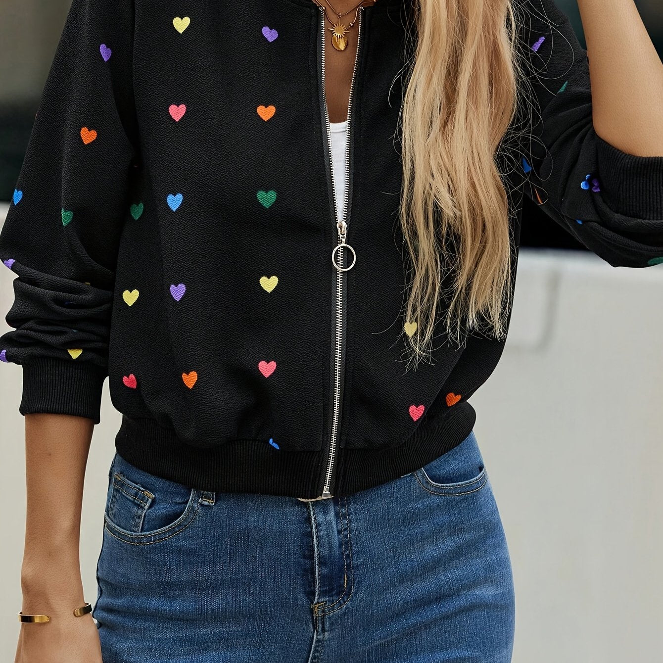 Women's Jacket - Black with Multicolor Hearts, All-Season Outerwear for Everyday & Formal Events, Machine Washable Women's Coat, Event Casual Wear, Easycare Material