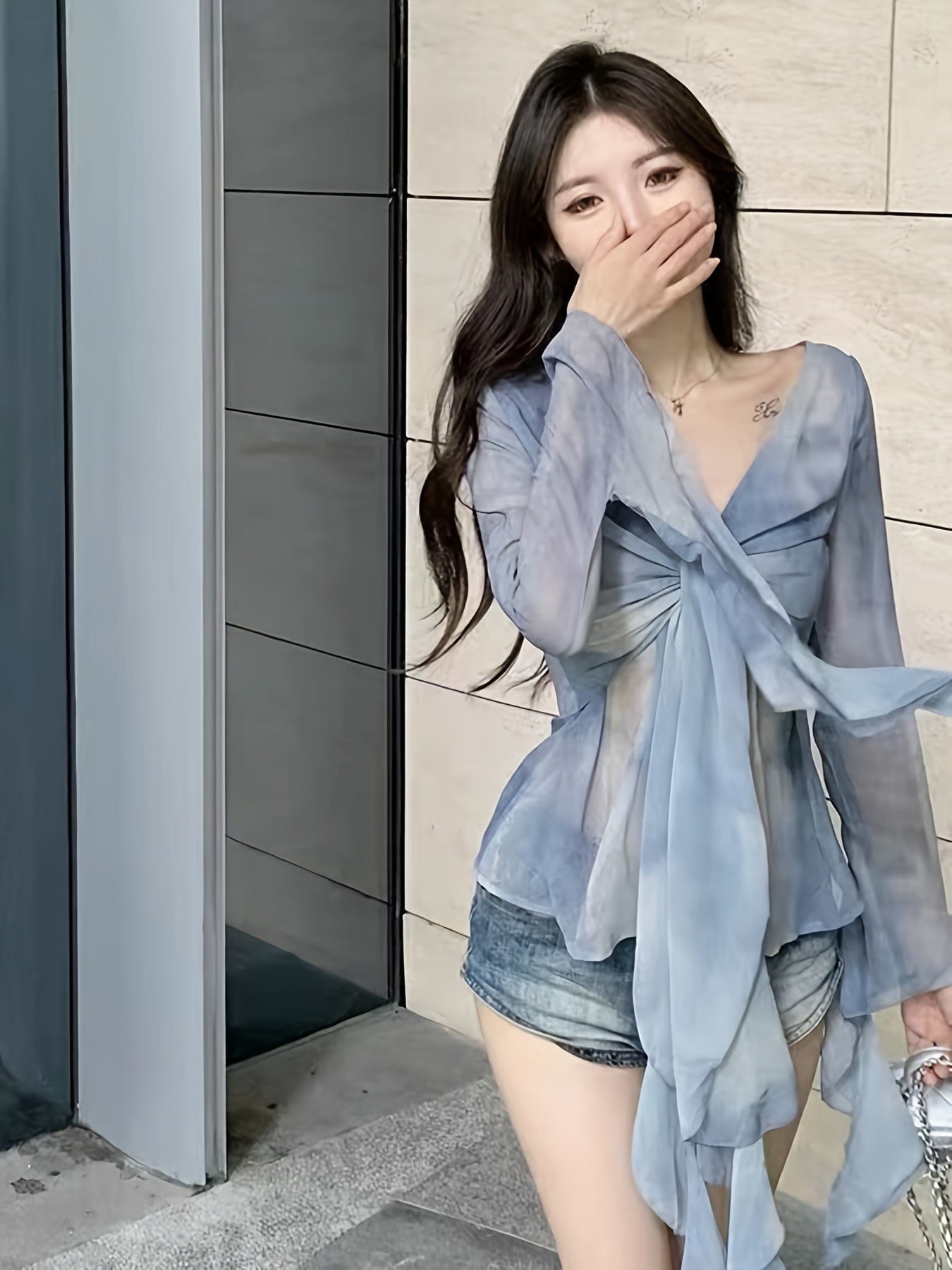 90s-Inspired Tie-Dye V-Neck Crop Top for Women - Sexy Long Sleeve, Slim Fit with Knot Detail, Light Blue Ruched Shirt, Machine Washable, All-Season Fairycore Grunge Style, Versatile Fashion | Soft Fabric, Clothes for Young Ladies