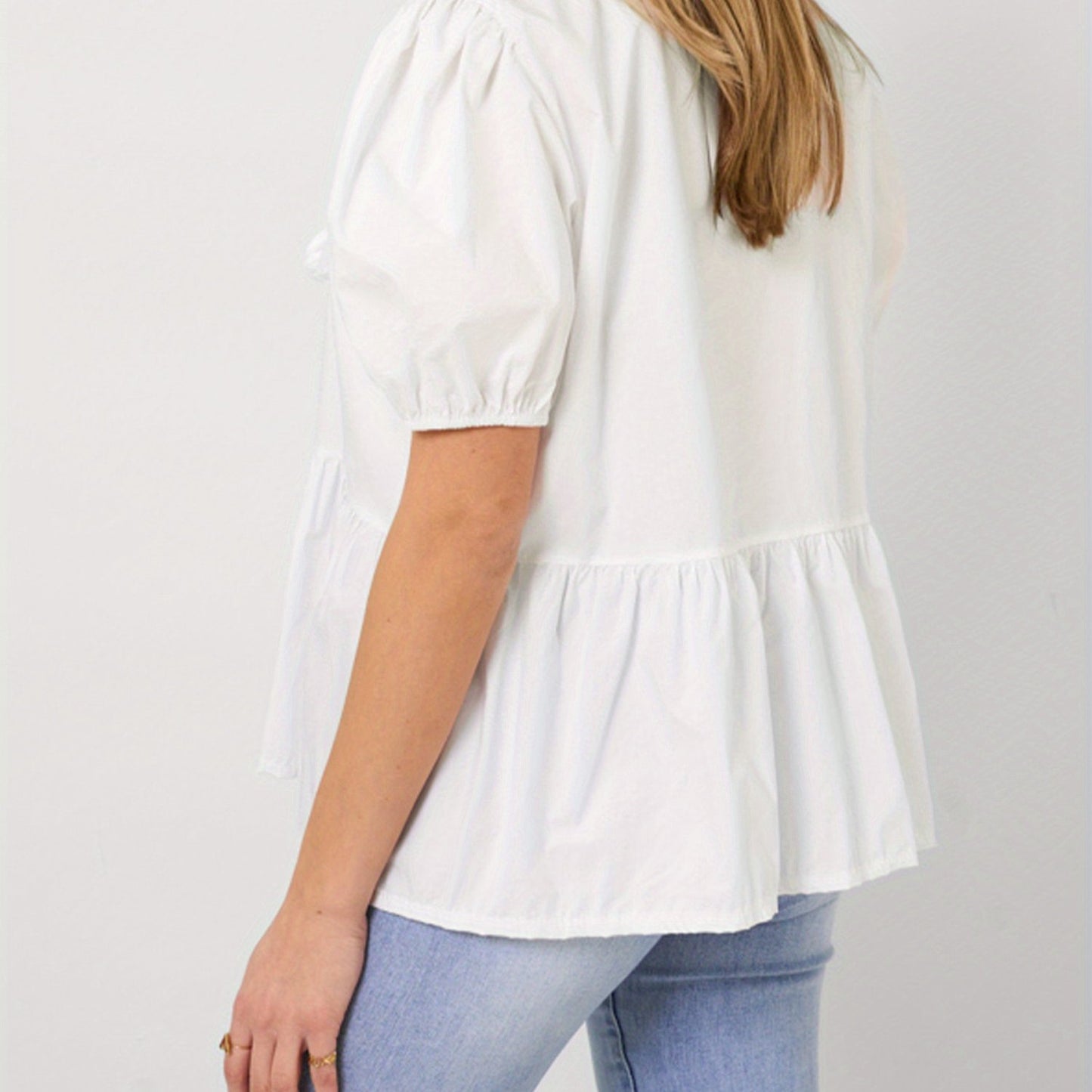 1pc Elegant Women'S Crew Neck Tie Front Puff Sleeve Shirt - 100% Polyester Solid Color Loose Blouse for All Seasons