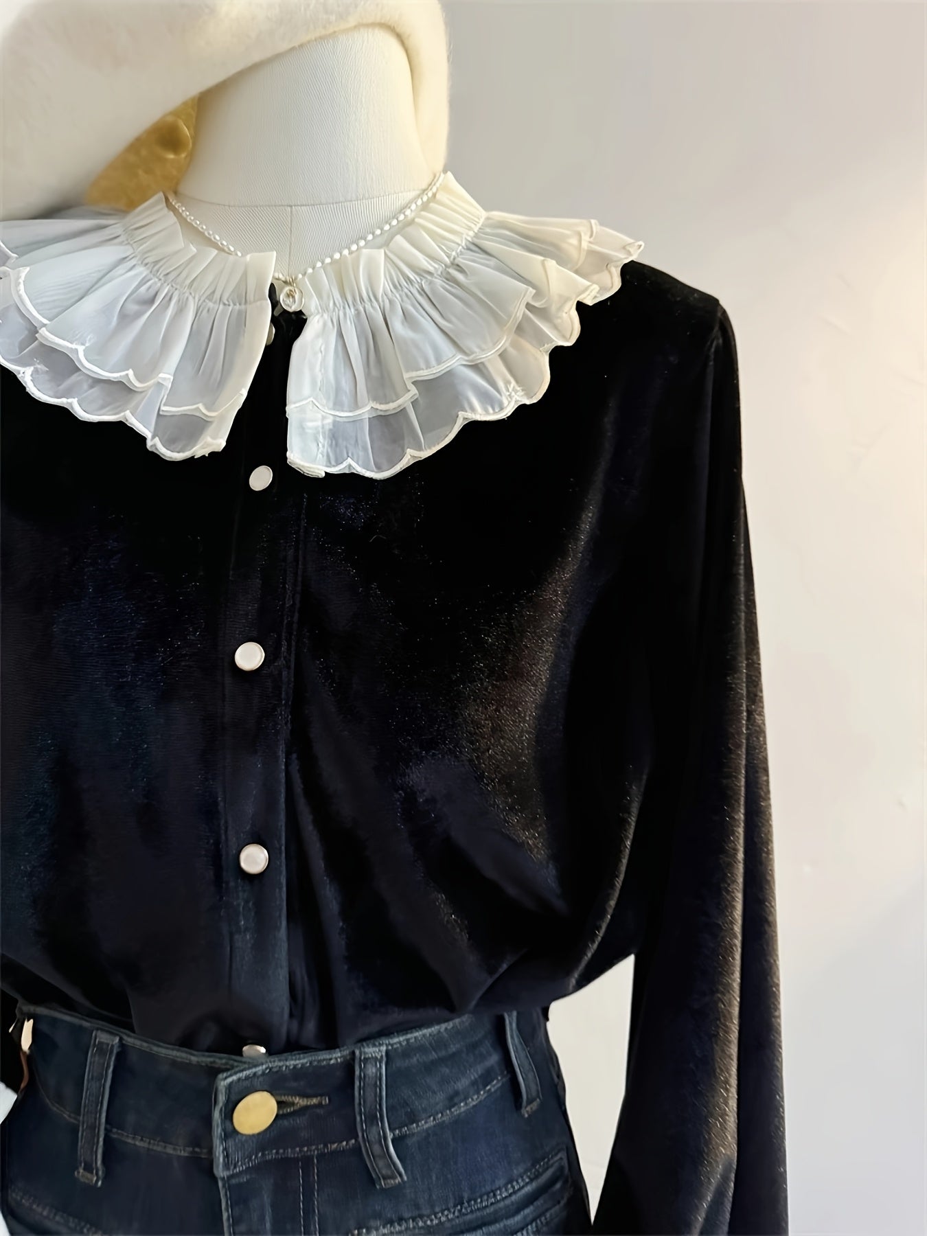 French Vintage Black Fleece Blouse with Ruffled Collar & Cuffs - Button-Up Long Sleeve Shirt for Women, Machine Washable Winter Layering Top for Office & Casual Outfits