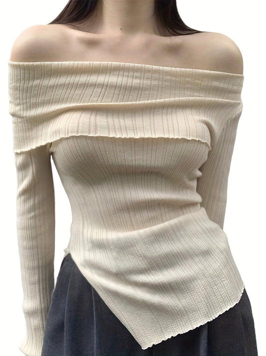 Women'S Autumn And Winter Women'S New One-Shoulder Pullover Slim Hem Slit Thin Casual Long-Sleeved Top Solid Color Off-Shoulder Slit Shirt