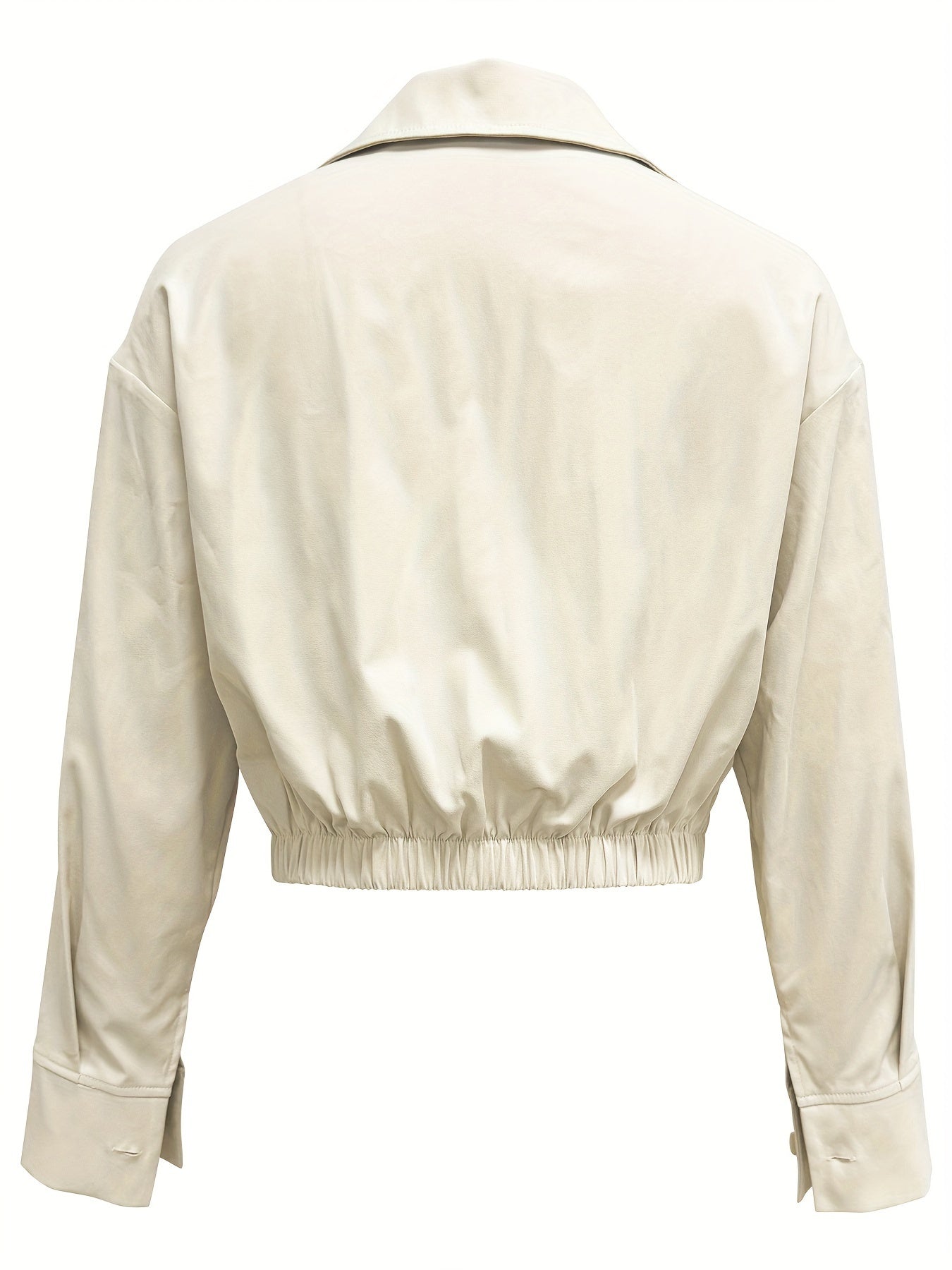 Flap Pockets Zip-up Jacket, Casual Long Sleeve Solid Crop Jacket For Spring & Fall, Women's Clothing