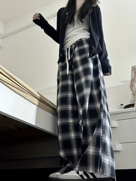 Women's Casual Plaid Wide Leg Pants - Loose Fit, Long Length, Summer Style, Black & White Geometric Pattern, Hand Wash Only, Perfect for Outdoor Leisure, Relaxed Outfit, Oversized Fashion, Flowy Fabric