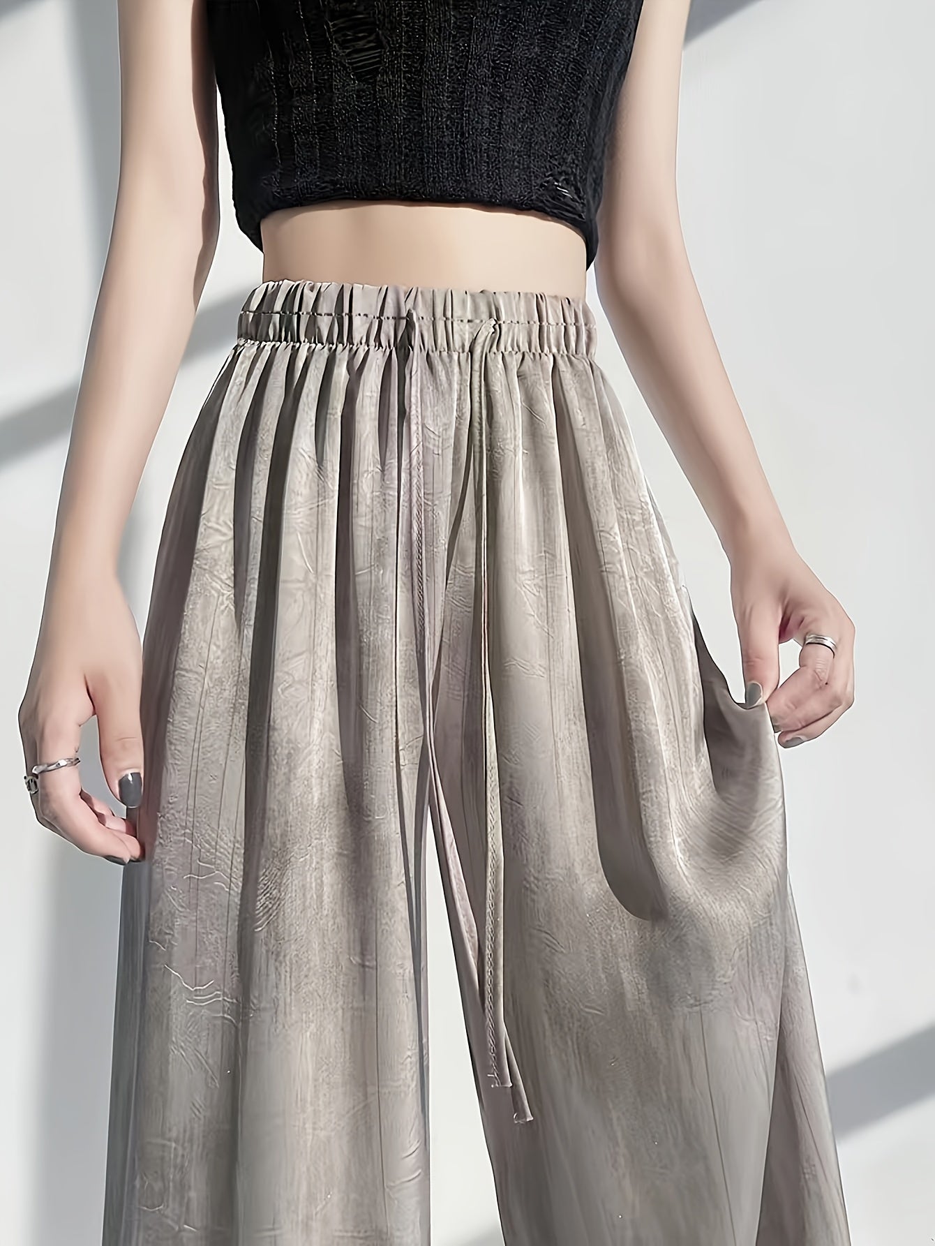 Women'S Elegant High-Waisted Wide-Leg Pants - Ice Sliky Fiber Fabric, Breathable & Lightweight, Loose Fit with Drawstring Waist, Solid Color for Casual & Formal Wear, High Waisted Leggings