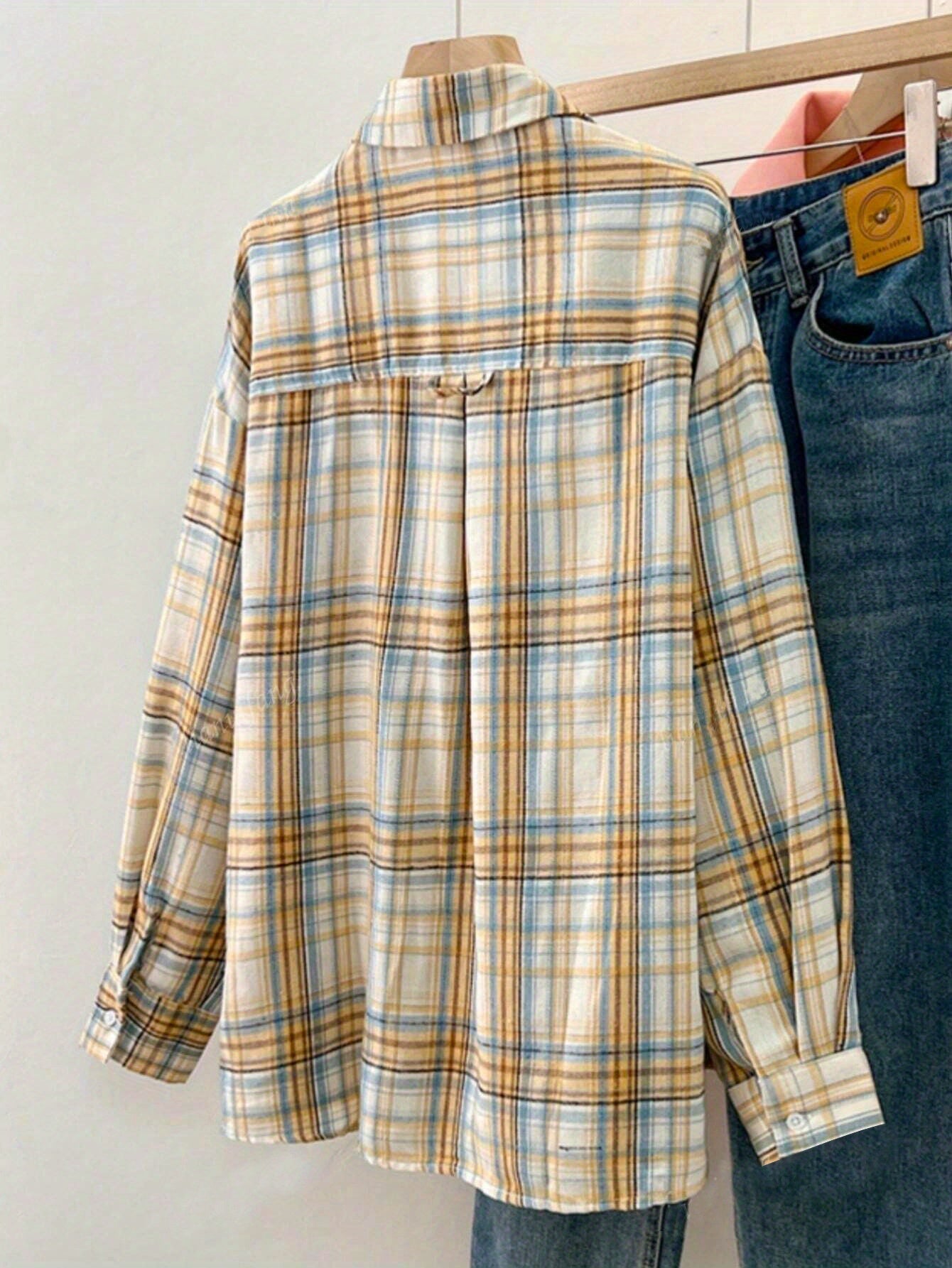 Women'S Vintage Plaid Button-Up Shirt Jacket with Pockets - Long Sleeve, Lapel Collar, Casual Style, Orange & White Checkered Pattern, Perfect for Casual Attire, Allseason Jacket | Classic Checkered Jacket | Structured Design