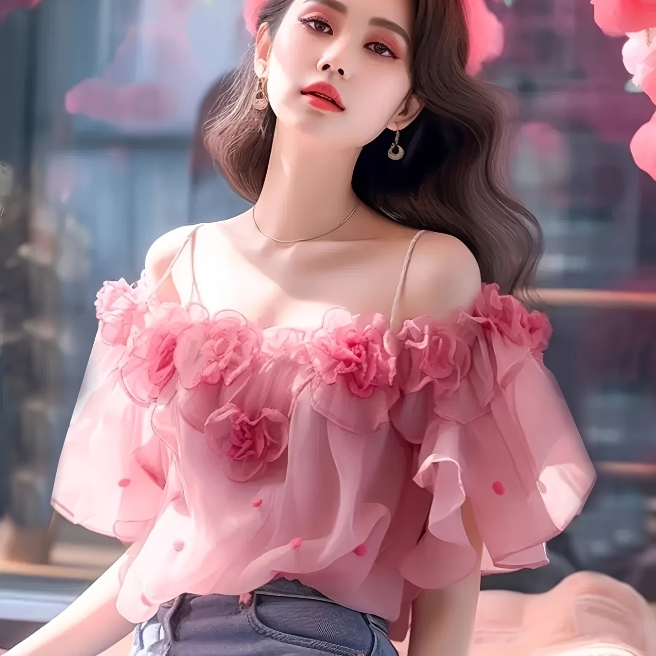 Women's French-Inspired Off-the-Shoulder Blouse with 3D Floral Print & Chest Ruching - Lightweight Summer Top, Machine Washable, Elegant Casual to Formal Wear