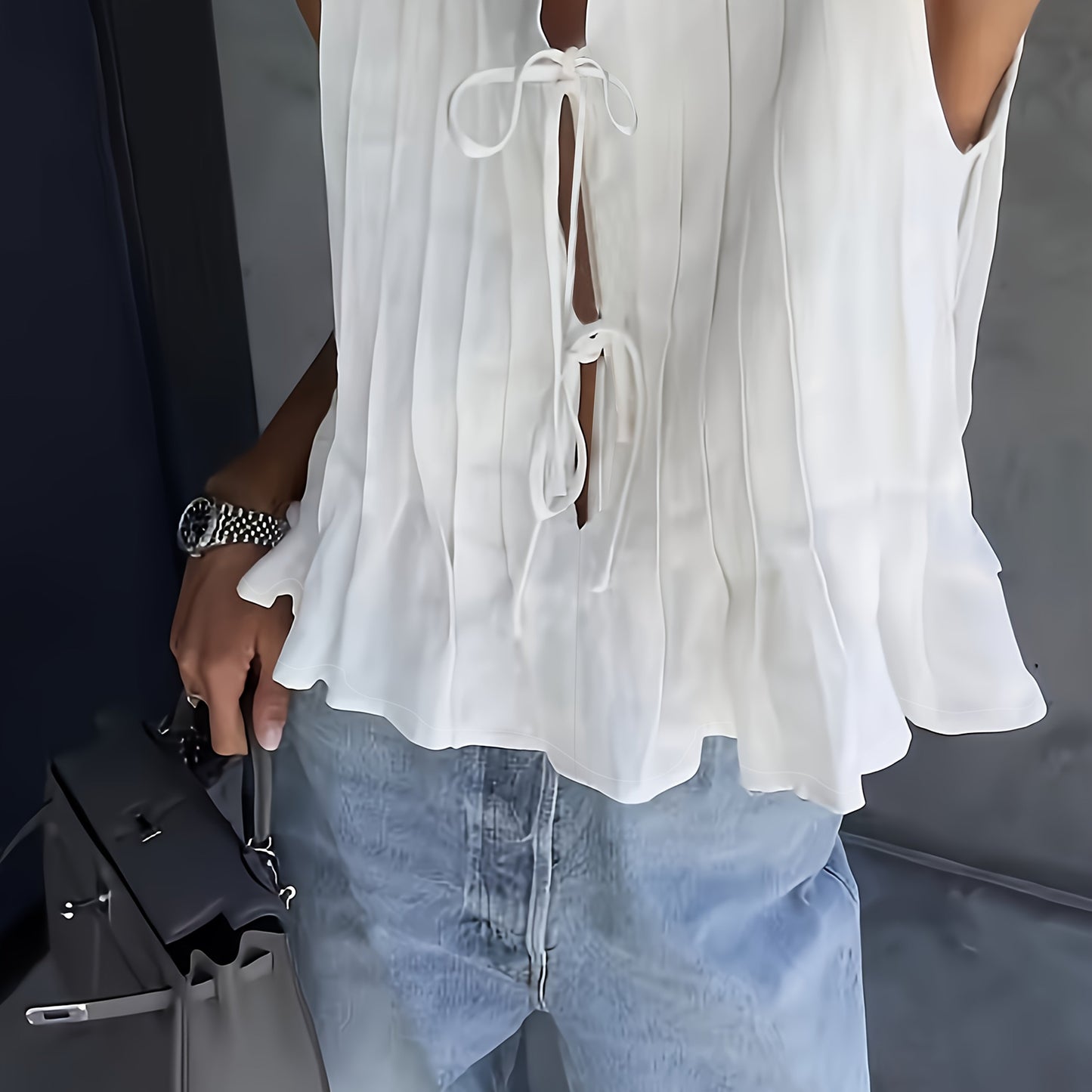 Women'S Sleeveless Bow Tie Front Blouse - Elegant White Ruffled Cardigan Top with Keyhole Detail, All-Season Stylish Shirt for Adults, Casual Attire Top|Ruffled Sleeveless Top|Keyhole Detail Top