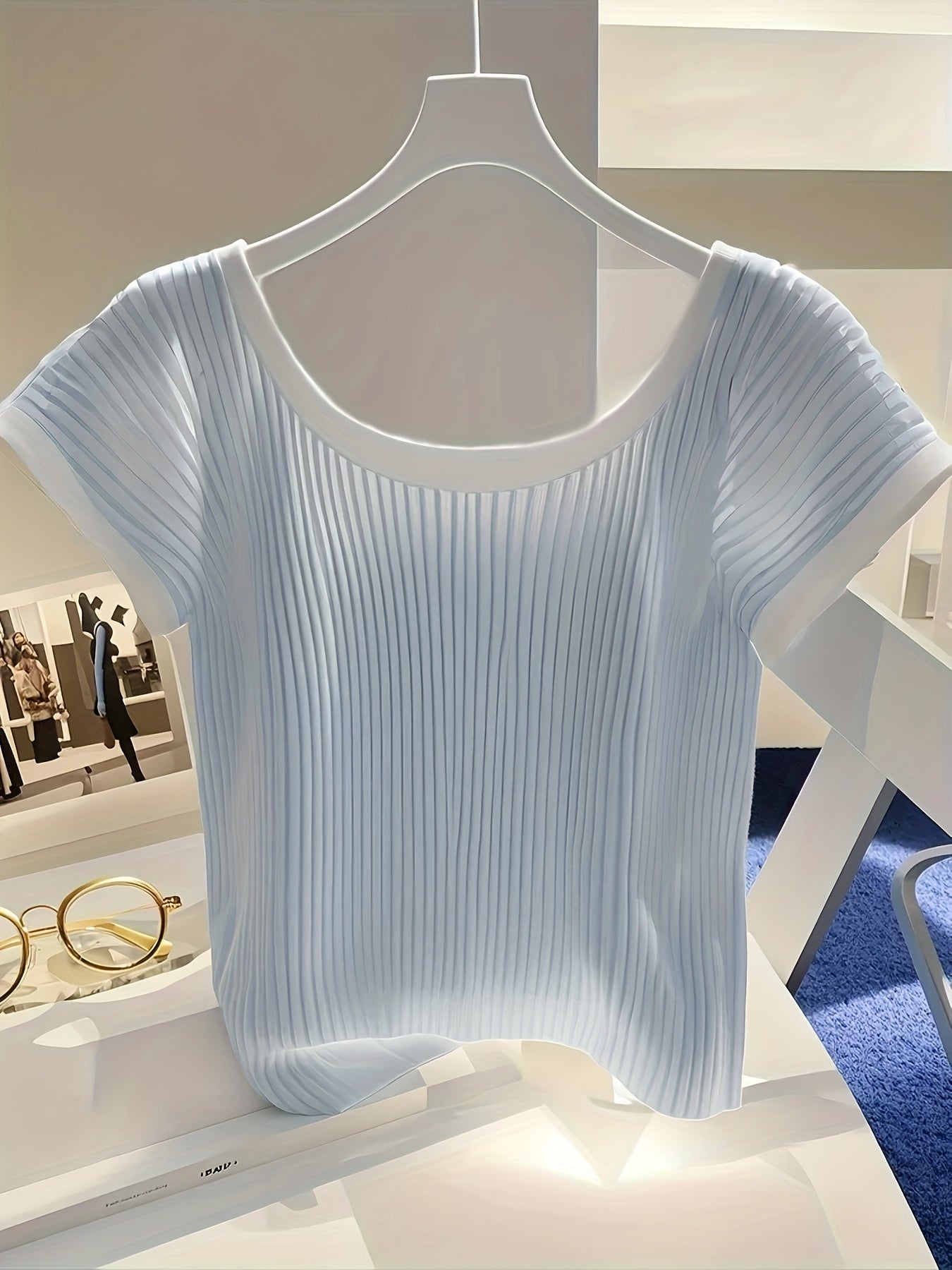 Women's T-Shirt - Light Blue\u002FSoft Blue Horizontal Lines, Stretchy Ice Sliky Fiber Top for Everyday & Formal Outfits - Machine Washable Summer Blouse, Casual Wear, Round Neckline, Ribbed Details, Semitransparent Fabric