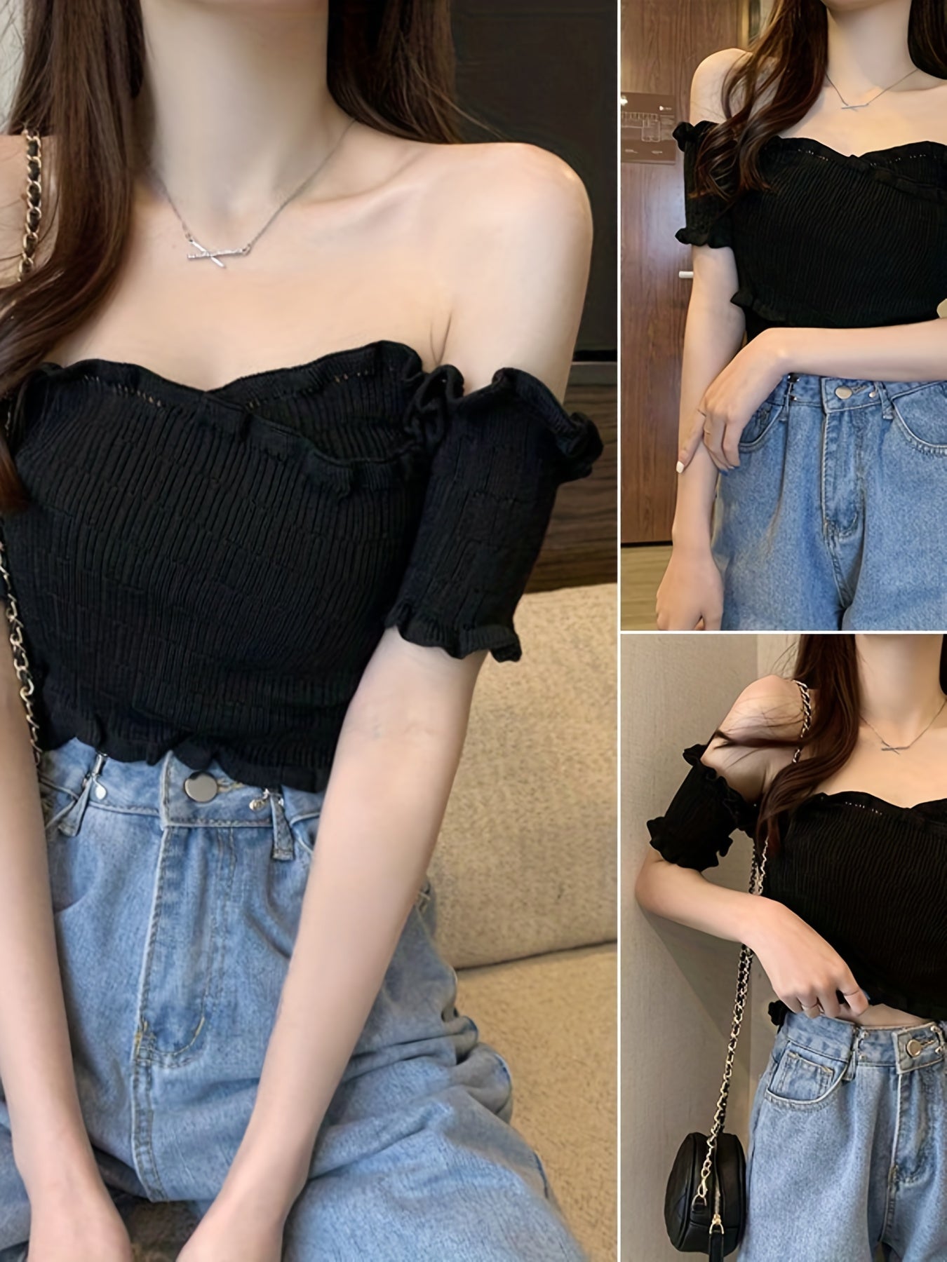 Women'S Off-Shoulder Crop Top - Slim Fit Ruffled Short Sleeve Blouse, Solid Black Casual Summer T-Shirt with Lettuce Trim Detail, Breathable & Stylish for Casual Attire, Versatile Fashion | Ruffled Shoulder Detail | Glossy Texture