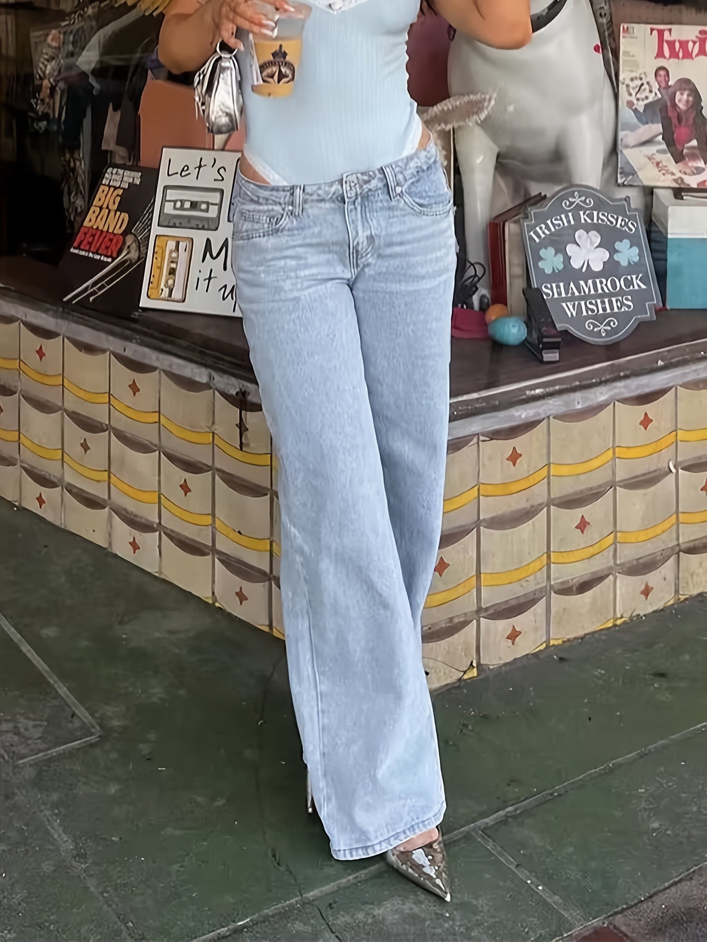 Plus Size Wide Leg Faux Denim for Women - Casual All-Season Long Faux Denim Trousers, Slight Stretch Cotton Blend Solid Color Pants with Button Fly