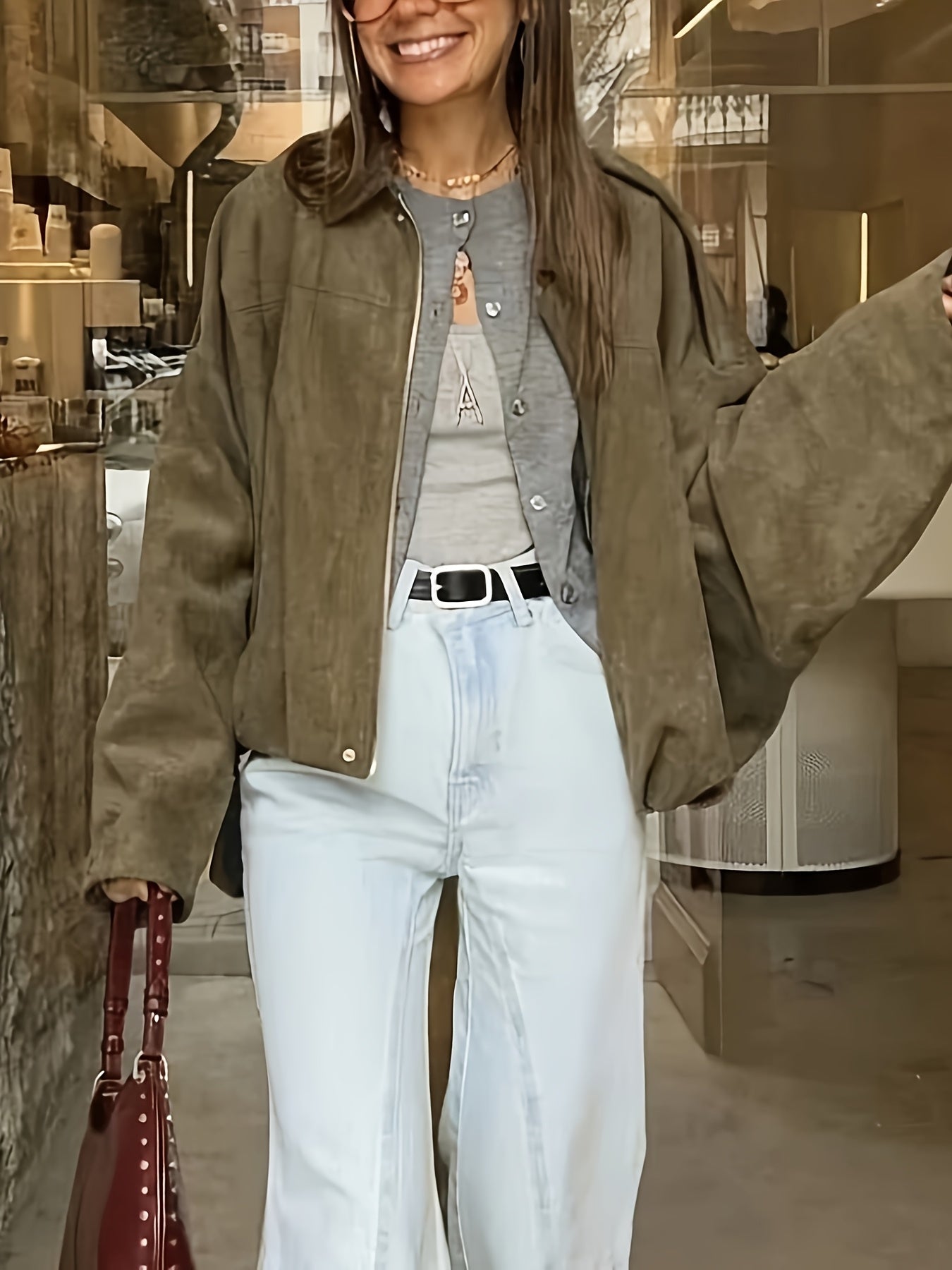 Women'S Stylish Olive Green Corduroy Jacket - Oversized Loose Fit with Belted Waist, Long Sleeves, and Button-Up Front, Perfect for Casual or Chic Outfits, Casual Wear Jacket | Belted Jacket | Buttonup Jacket