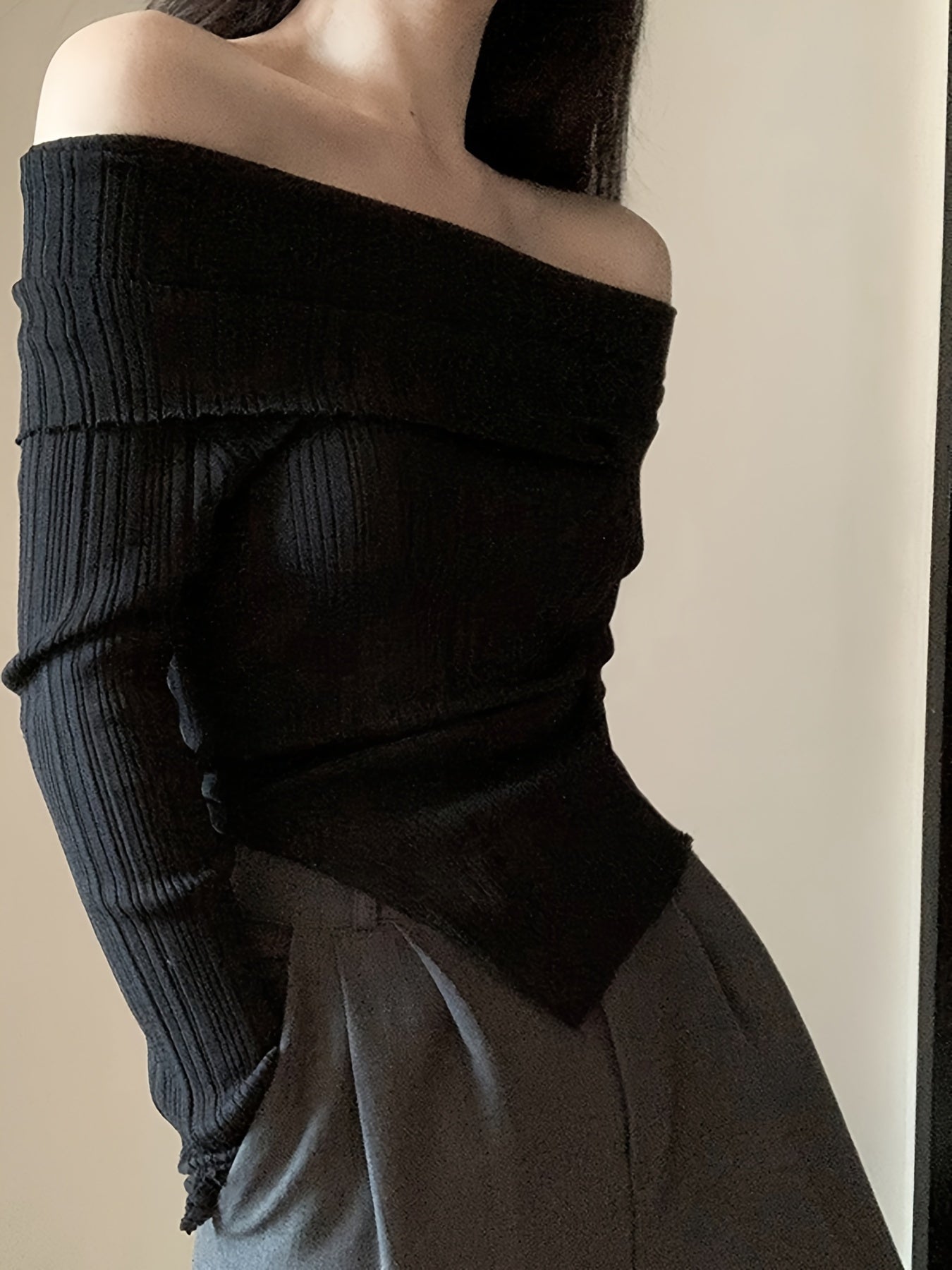 Women'S Autumn And Winter Women'S New One-Shoulder Pullover Slim Hem Slit Thin Casual Long-Sleeved Top Solid Color Off-Shoulder Slit Shirt