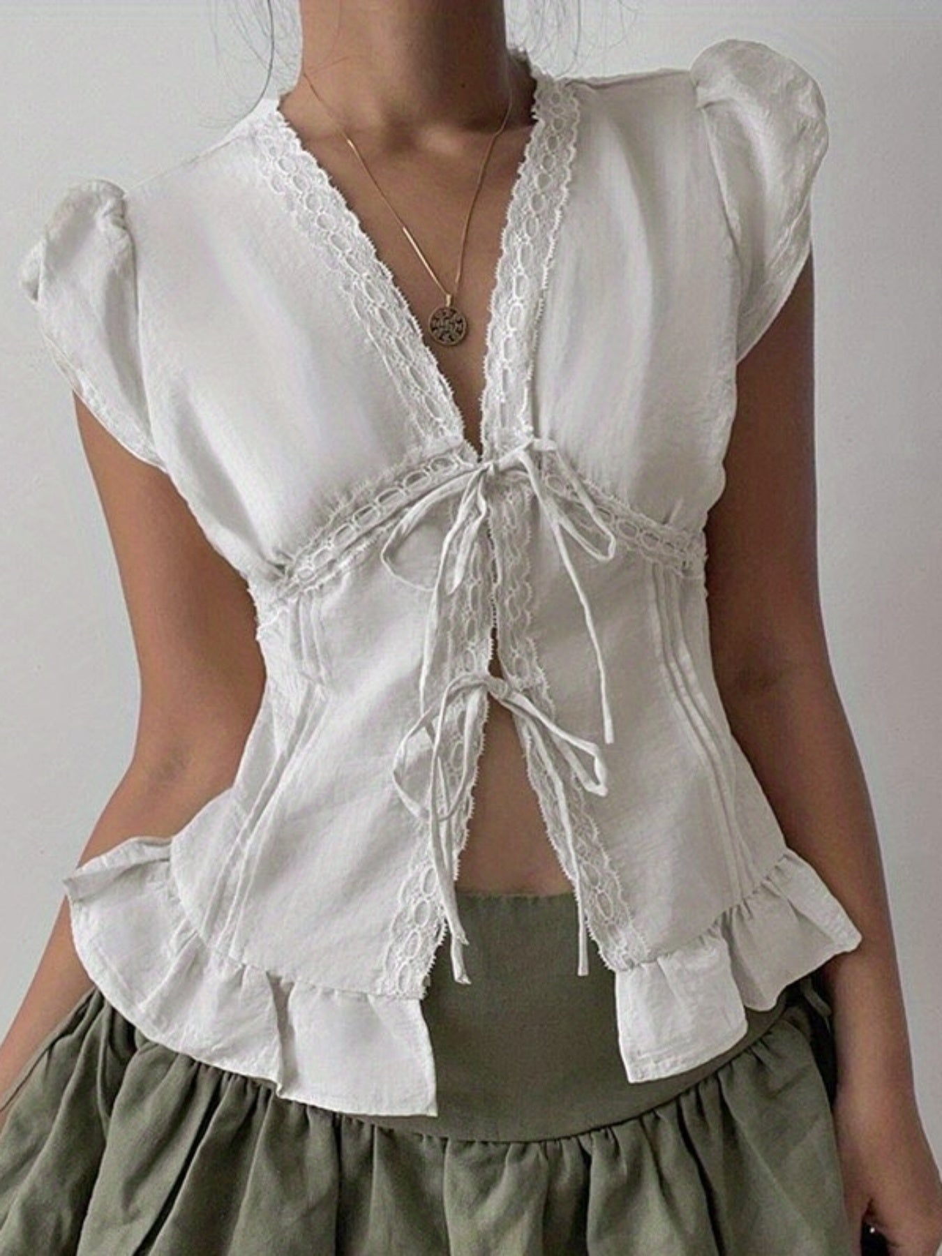 Women'S Casual Lace-Embellished V-Neck Top with Ruffle Hem - Light Blue, Short Sleeve, Summer Blouse with Front Tie Detail, Lace Trim, Non-Padded, Casual Summer Top|Ruffle Hem Top|Lace Trim Detail