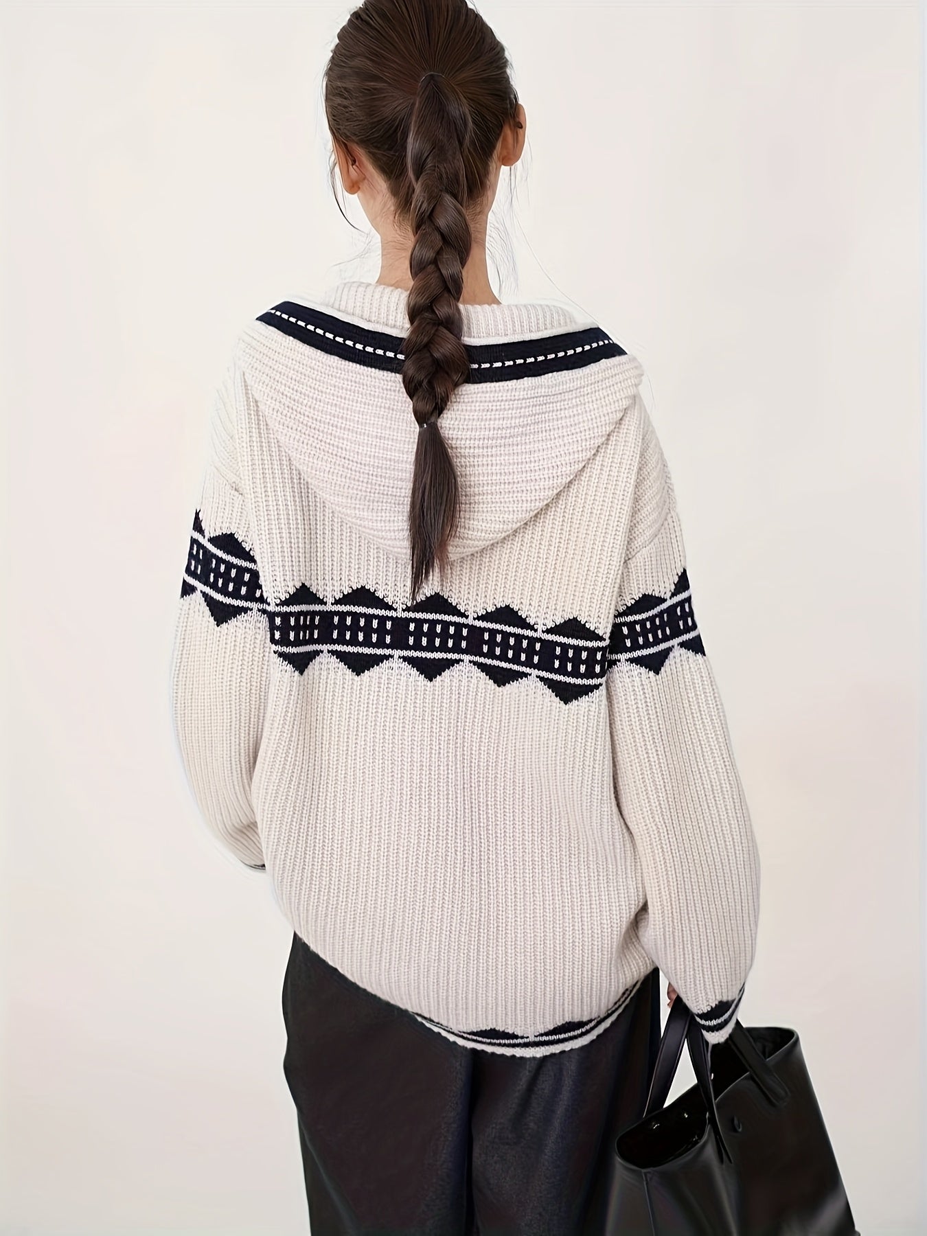 Luxurious 100% Merino Wool Women'S Cardigan with Hood - Elegant V-Neck, Long Sleeve, Striped Pattern, Thick Casual Knit Outerwear for Fall\u002FWinter, Plush Warmth, Stylish and Cozy