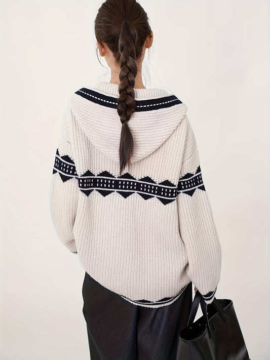 Luxurious 100% Merino Wool Women'S Cardigan with Hood - Elegant V-Neck, Long Sleeve, Striped Pattern, Thick Casual Knit Outerwear for Fall\u002FWinter, Plush Warmth, Stylish and Cozy