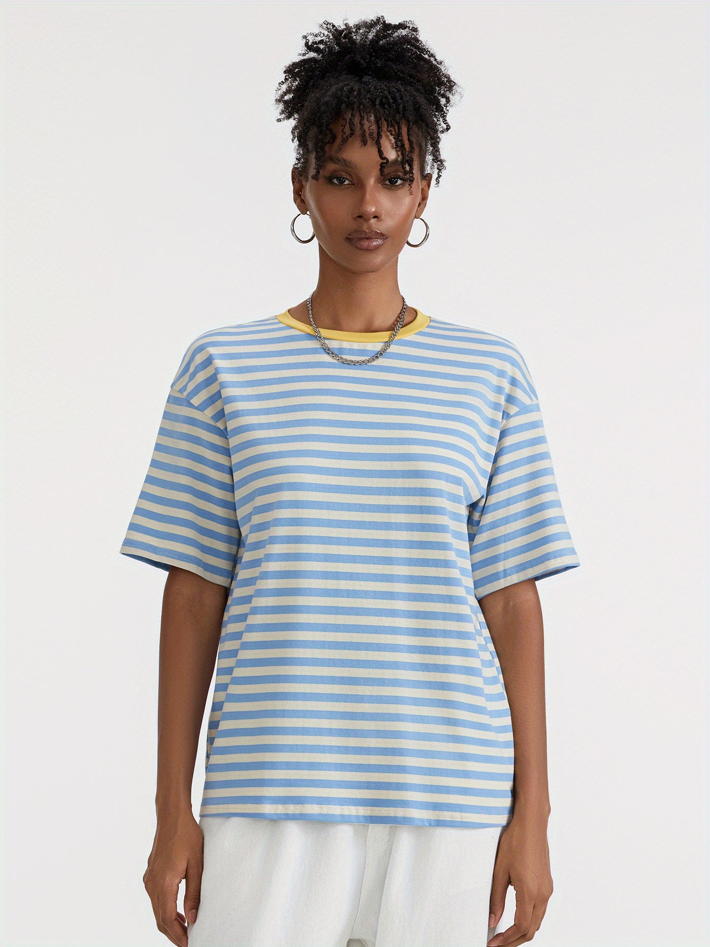 Women Short Sleeve T-Shirts Stripe Contrast Color Round Neck Shirts Summer Casual Loose Fit Tops Streetwear