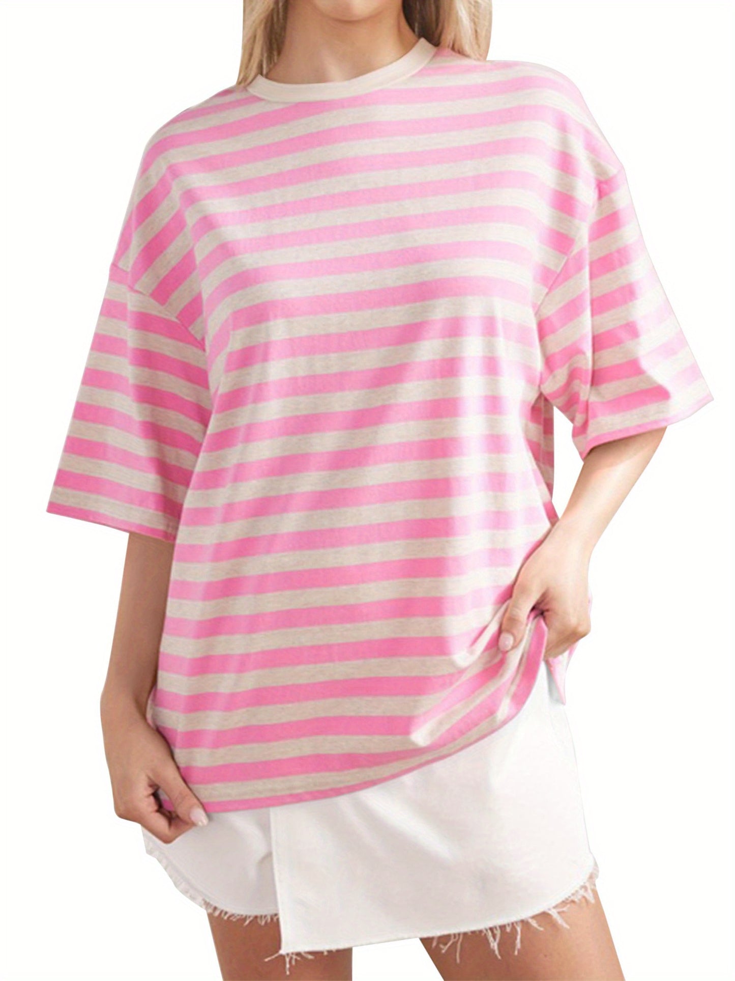 Women Short Sleeve T-Shirts Stripe Contrast Color Round Neck Shirts Summer Casual Loose Fit Tops Streetwear