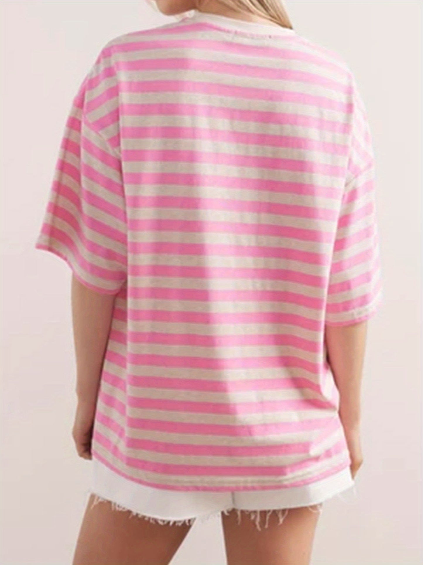 Women Short Sleeve T-Shirts Stripe Contrast Color Round Neck Shirts Summer Casual Loose Fit Tops Streetwear
