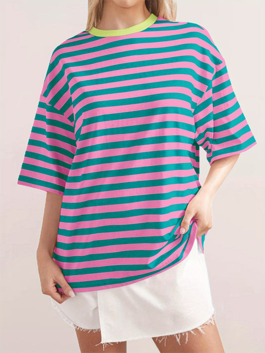 Women Short Sleeve T-Shirts Stripe Contrast Color Round Neck Shirts Summer Casual Loose Fit Tops Streetwear