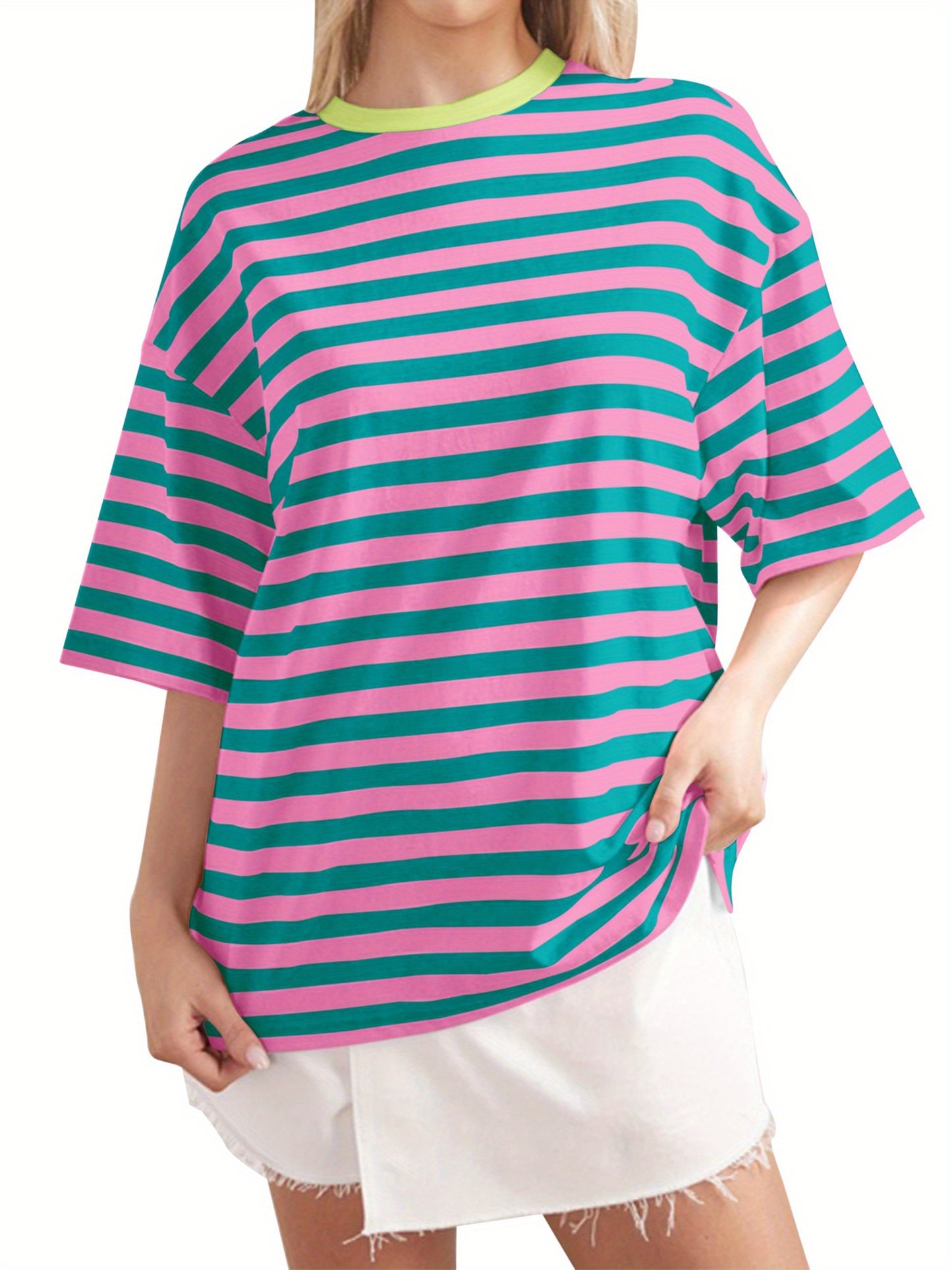 Women Short Sleeve T-Shirts Stripe Contrast Color Round Neck Shirts Summer Casual Loose Fit Tops Streetwear