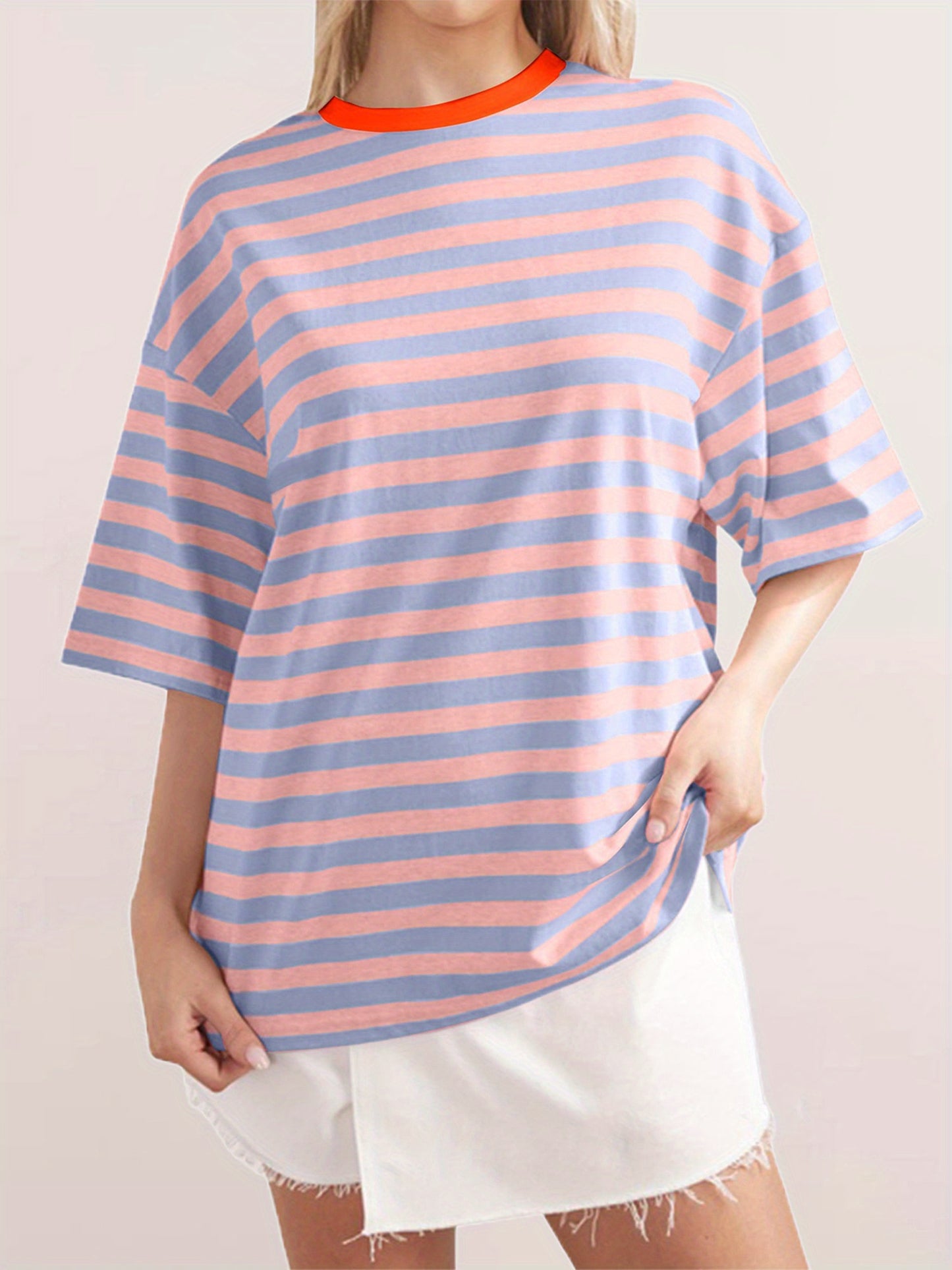 Women Short Sleeve T-Shirts Stripe Contrast Color Round Neck Shirts Summer Casual Loose Fit Tops Streetwear