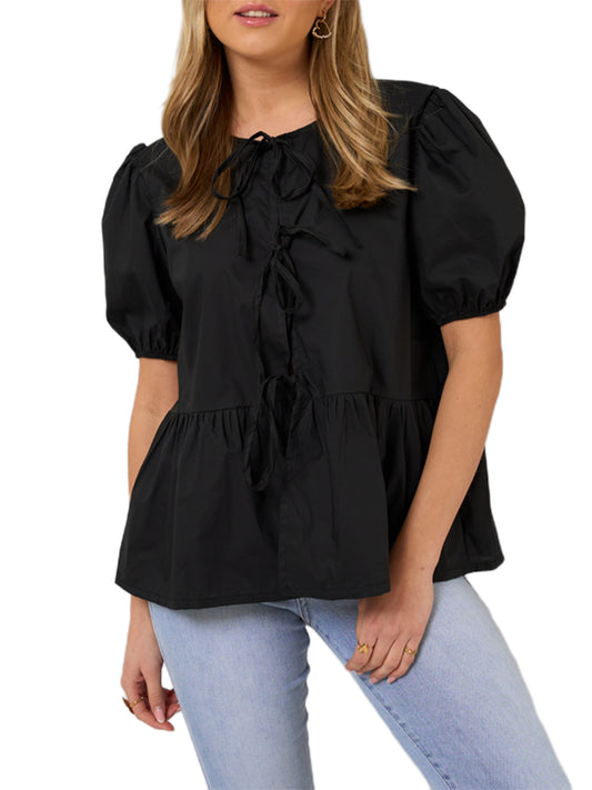 1pc Elegant Women'S Crew Neck Tie Front Puff Sleeve Shirt - 100% Polyester Solid Color Loose Blouse for All Seasons