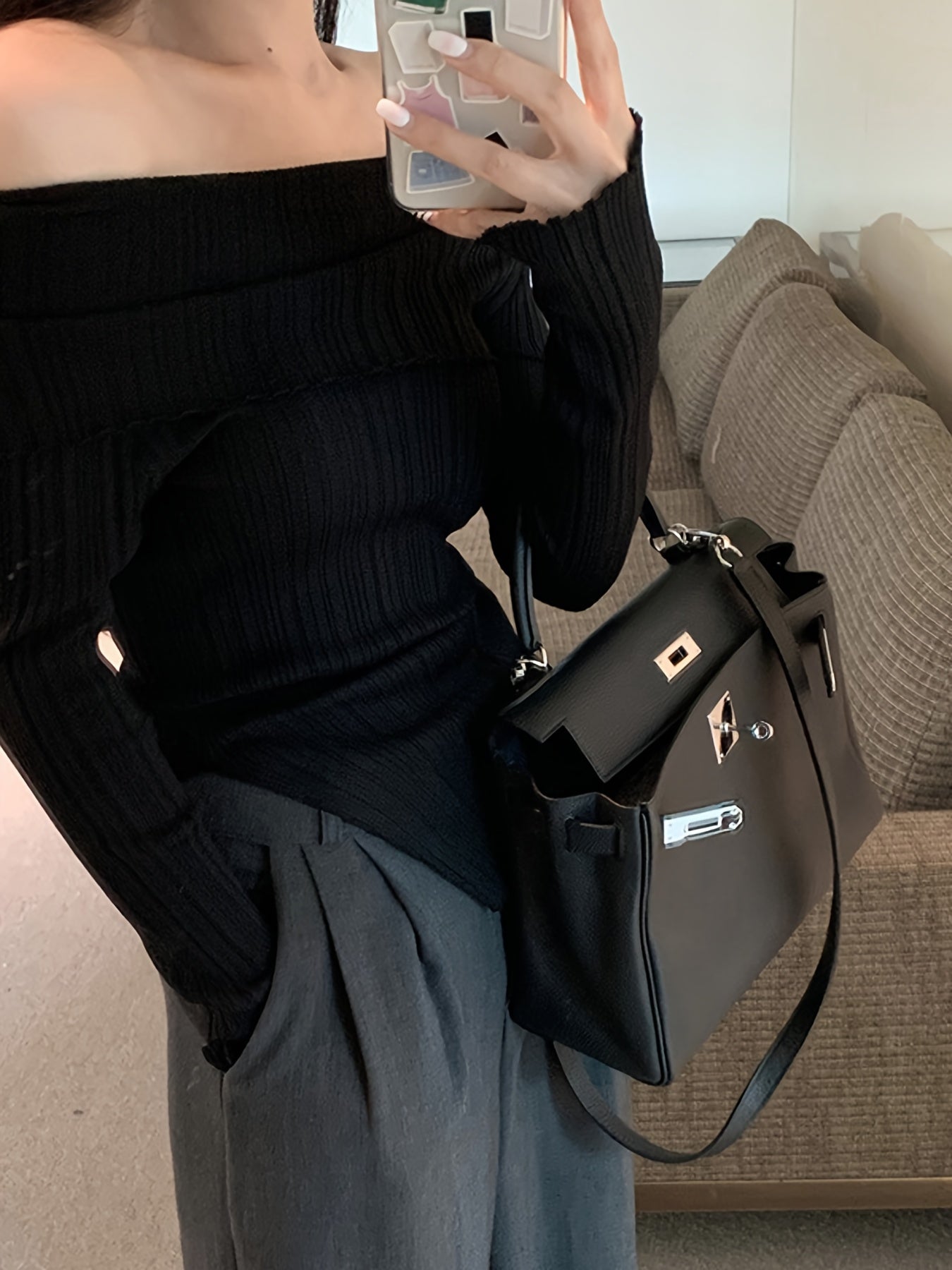 Women'S Autumn And Winter Women'S New One-Shoulder Pullover Slim Hem Slit Thin Casual Long-Sleeved Top Solid Color Off-Shoulder Slit Shirt