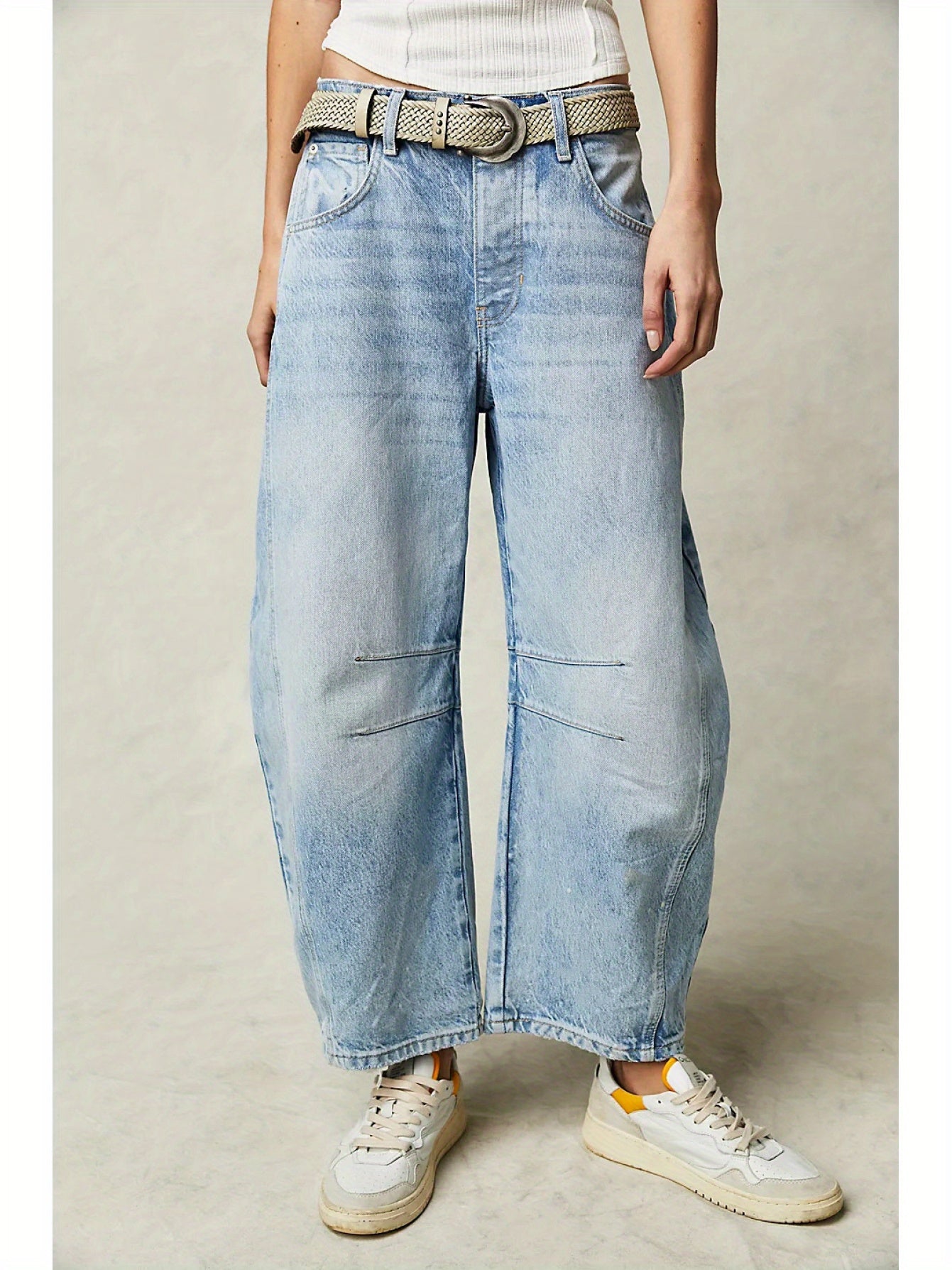 Women's Mid-Low Waist Loose Wide-Leg Jeans - Vintage Washed Denim Pants with Belt Loops & Pockets, All-Season Casual Trousers, Machine Washable