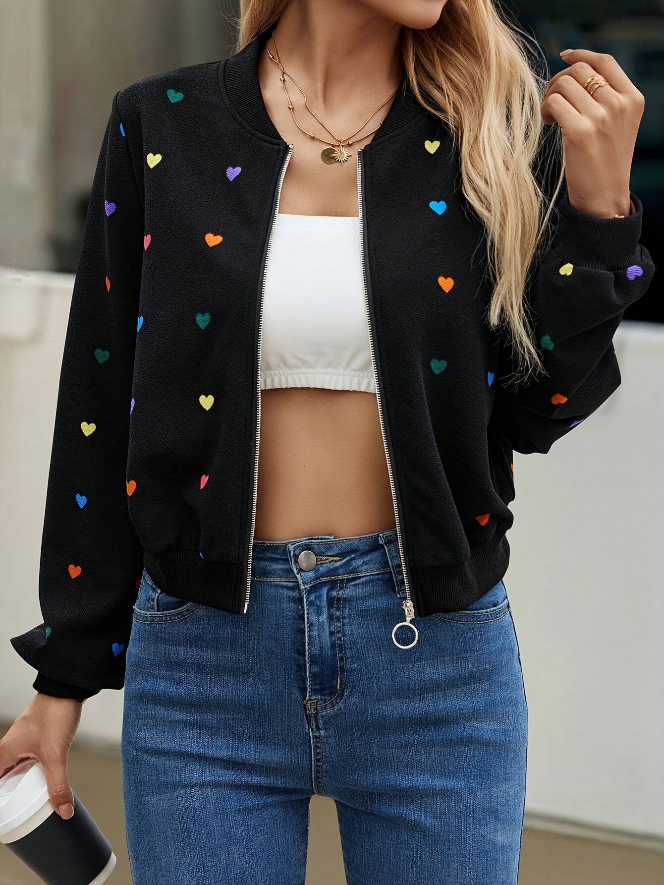Women's Jacket - Black with Multicolor Hearts, All-Season Outerwear for Everyday & Formal Events, Machine Washable Women's Coat, Event Casual Wear, Easycare Material