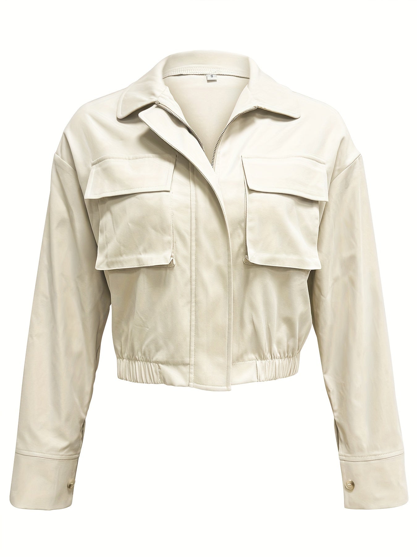 Flap Pockets Zip-up Jacket, Casual Long Sleeve Solid Crop Jacket For Spring & Fall, Women's Clothing