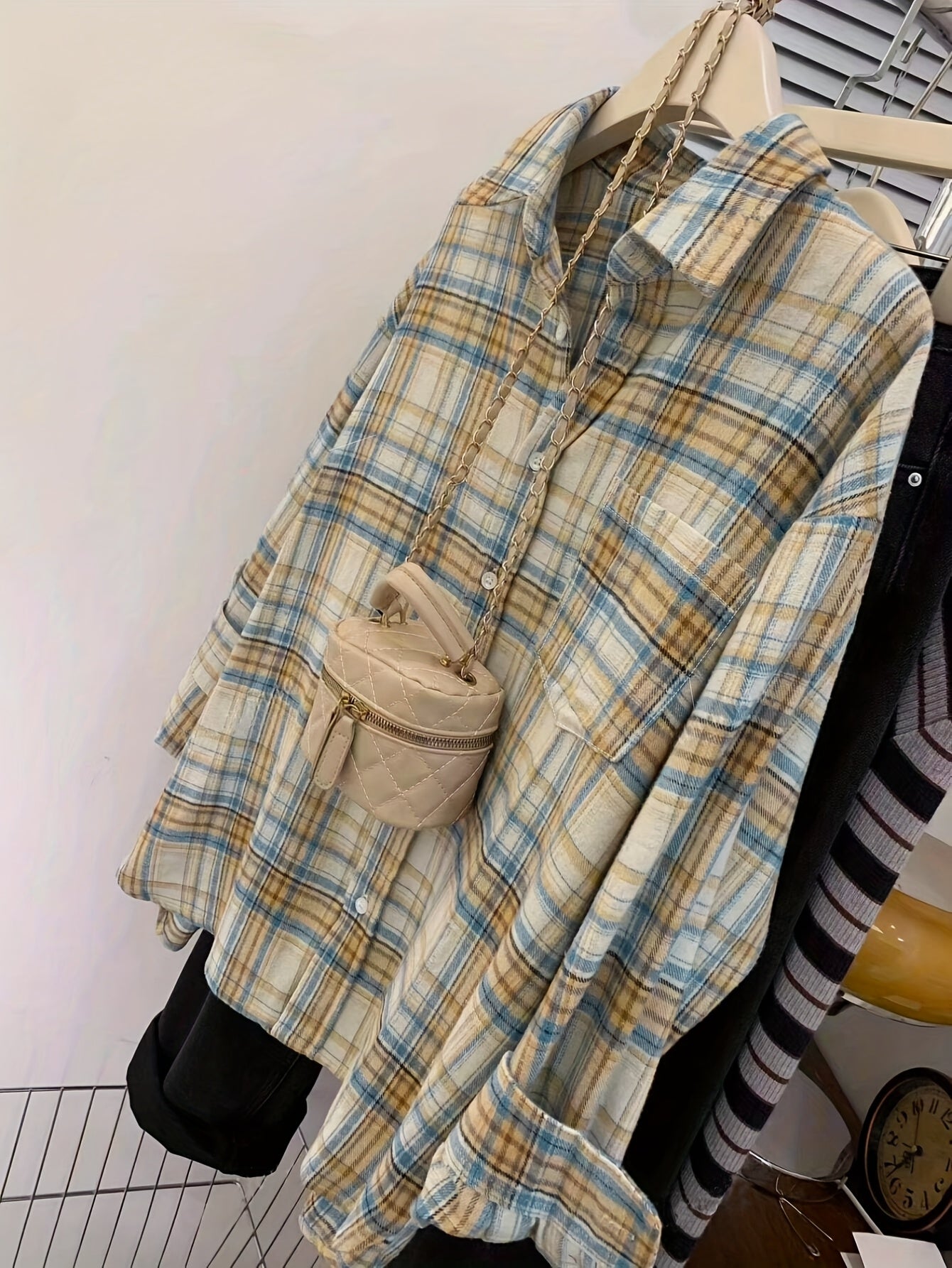 Women'S Vintage Plaid Button-Up Shirt Jacket with Pockets - Long Sleeve, Lapel Collar, Casual Style, Orange & White Checkered Pattern, Perfect for Casual Attire, Allseason Jacket | Classic Checkered Jacket | Structured Design