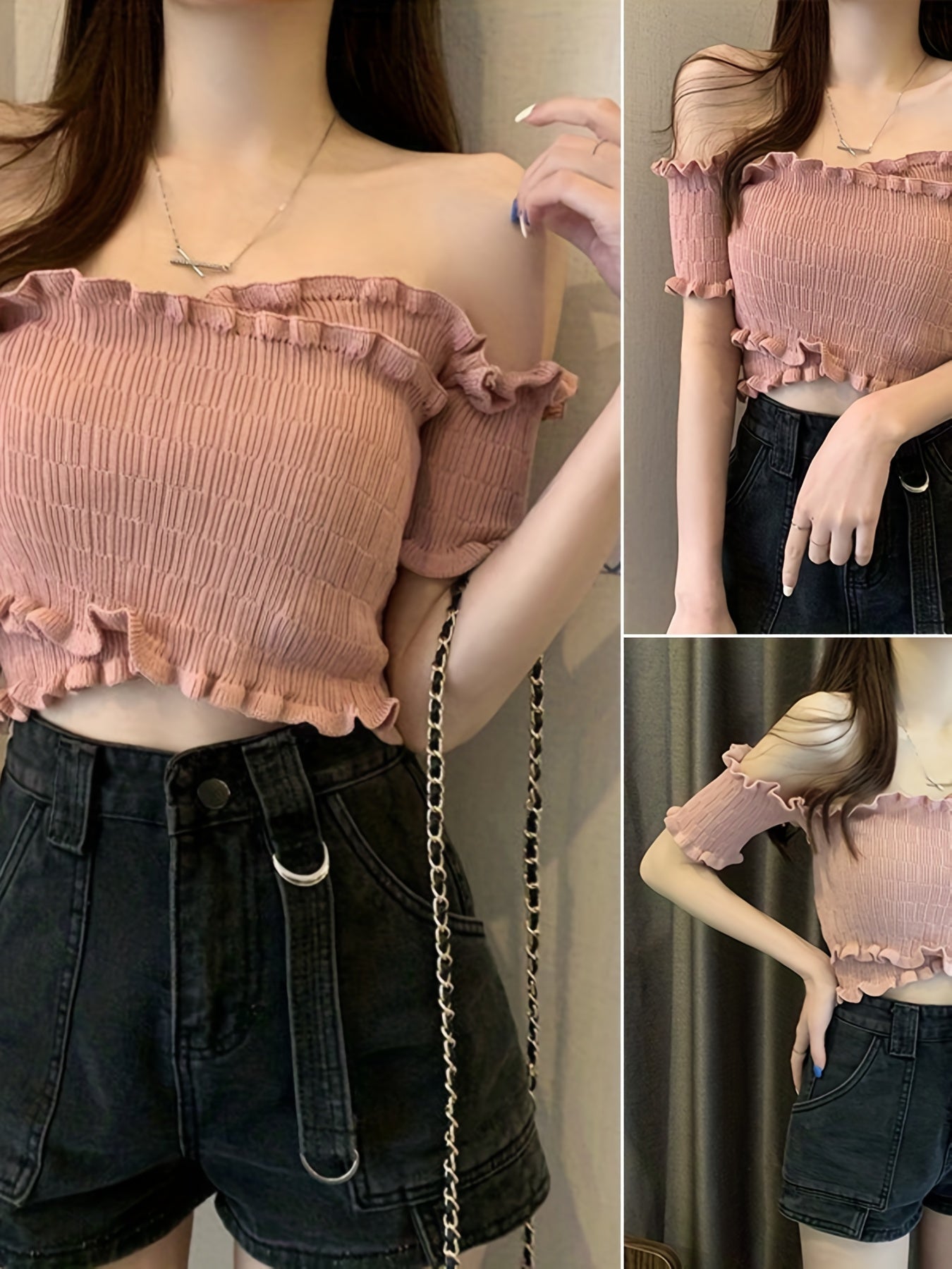 Women'S Off-Shoulder Crop Top - Slim Fit Ruffled Short Sleeve Blouse, Solid Black Casual Summer T-Shirt with Lettuce Trim Detail, Breathable & Stylish for Casual Attire, Versatile Fashion | Ruffled Shoulder Detail | Glossy Texture