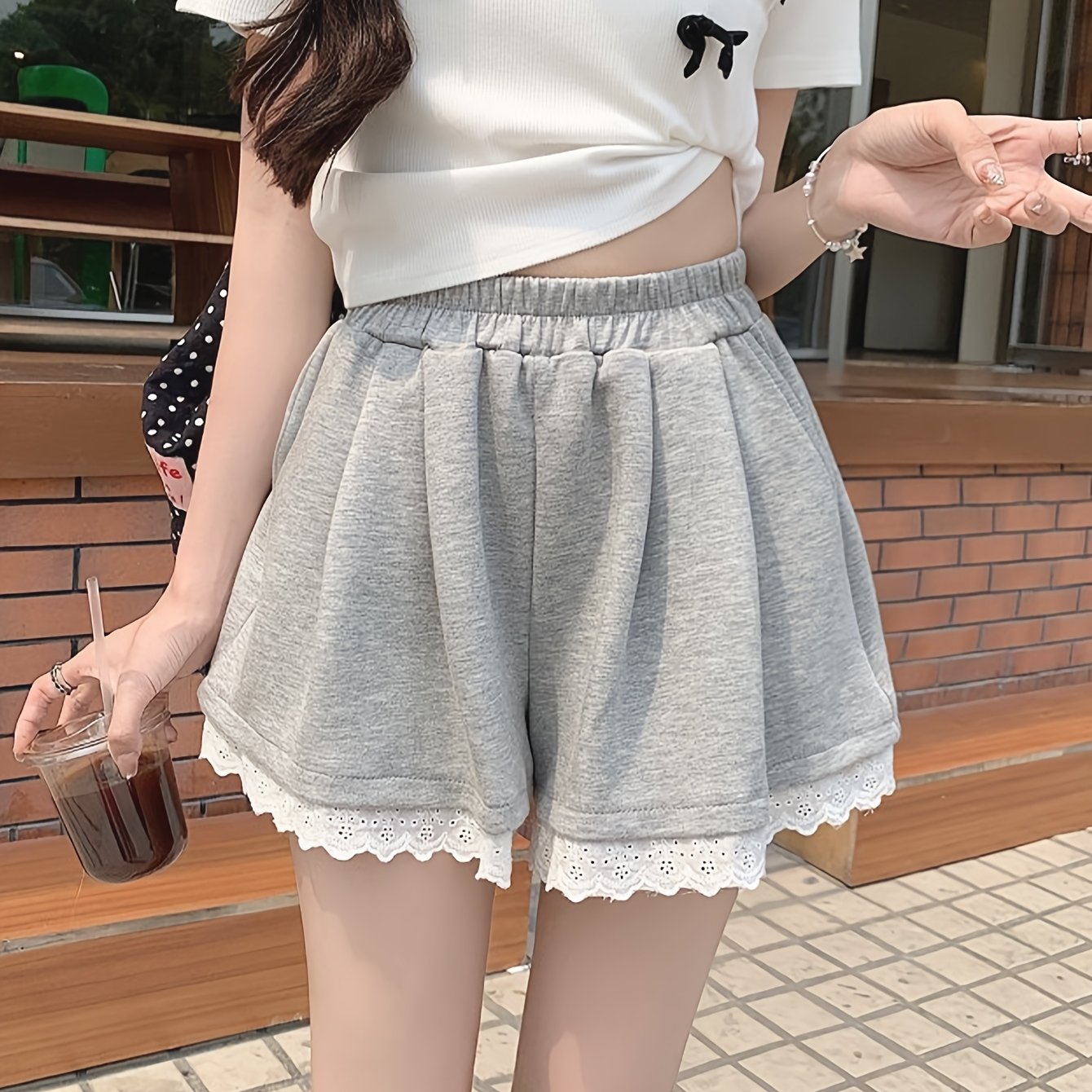 Chic Summer Short Pants, Solid Color, Non-Stretch, Contrast Lace, Regular Fit