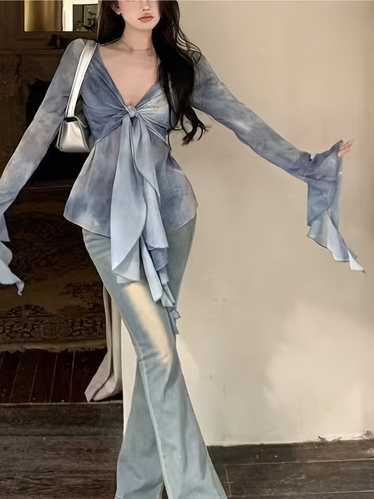 90s-Inspired Tie-Dye V-Neck Crop Top for Women - Sexy Long Sleeve, Slim Fit with Knot Detail, Light Blue Ruched Shirt, Machine Washable, All-Season Fairycore Grunge Style, Versatile Fashion | Soft Fabric, Clothes for Young Ladies