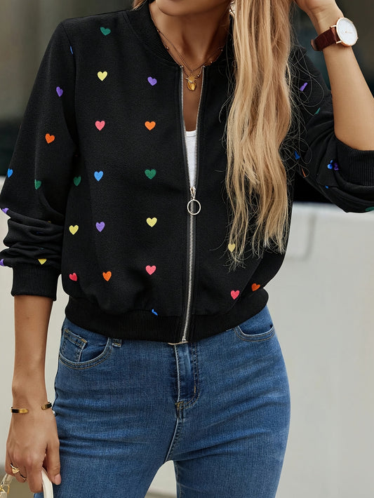 Women's Jacket - Black with Multicolor Hearts, All-Season Outerwear for Everyday & Formal Events, Machine Washable Women's Coat, Event Casual Wear, Easycare Material