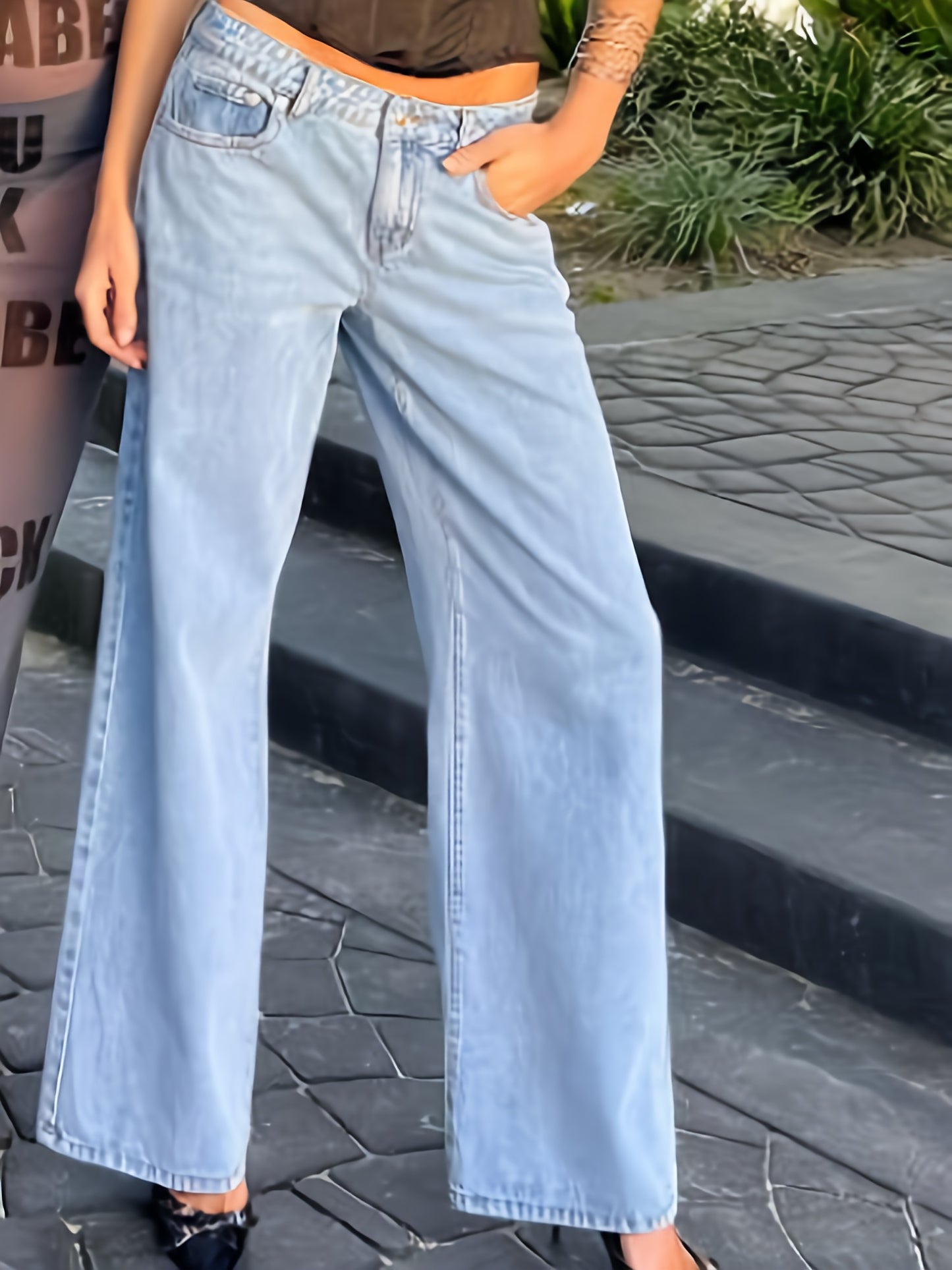 Plus Size Wide Leg Faux Denim for Women - Casual All-Season Long Faux Denim Trousers, Slight Stretch Cotton Blend Solid Color Pants with Button Fly