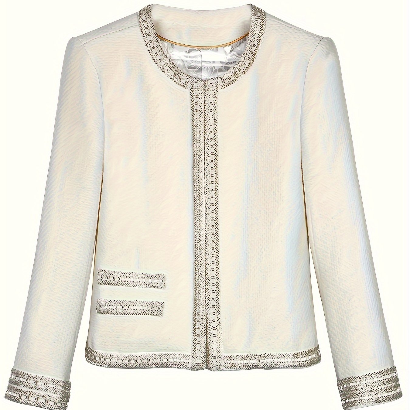 Elegant French-Inspired Long Sleeve Cardigan for Women - Beaded, Double-Breasted, Round Neck, Cream Wool Blend, Perfect for Fall & Winter, Versatile Fashion|Vintage Style|Spandex Blend