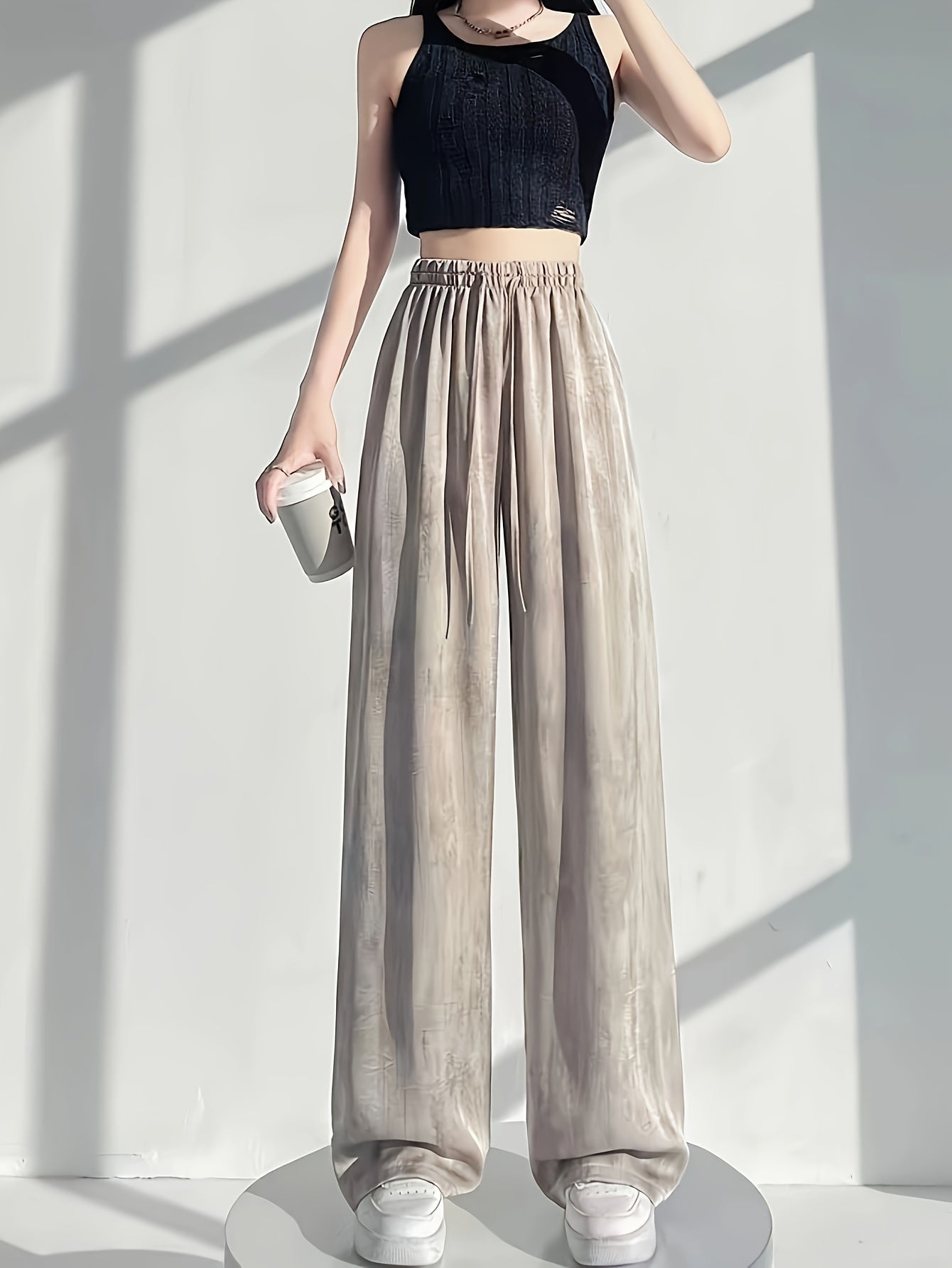 Women'S Elegant High-Waisted Wide-Leg Pants - Ice Sliky Fiber Fabric, Breathable & Lightweight, Loose Fit with Drawstring Waist, Solid Color for Casual & Formal Wear, High Waisted Leggings