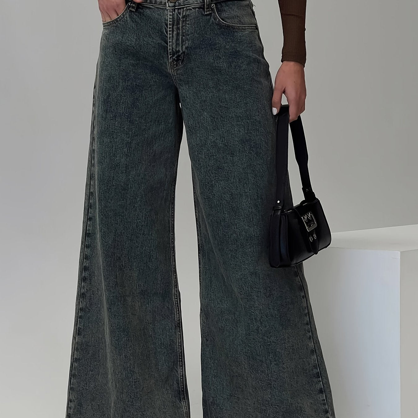 1pc Women'S Casual Wide Leg Jeans - Cotton Blend, Slight Stretch, Solid Color, Woven, All-Season, Loose Fit, Retro-Inspired Denim