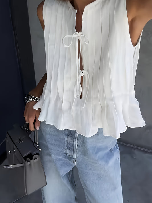 Women'S Sleeveless Bow Tie Front Blouse - Elegant White Ruffled Cardigan Top with Keyhole Detail, All-Season Stylish Shirt for Adults, Casual Attire Top|Ruffled Sleeveless Top|Keyhole Detail Top