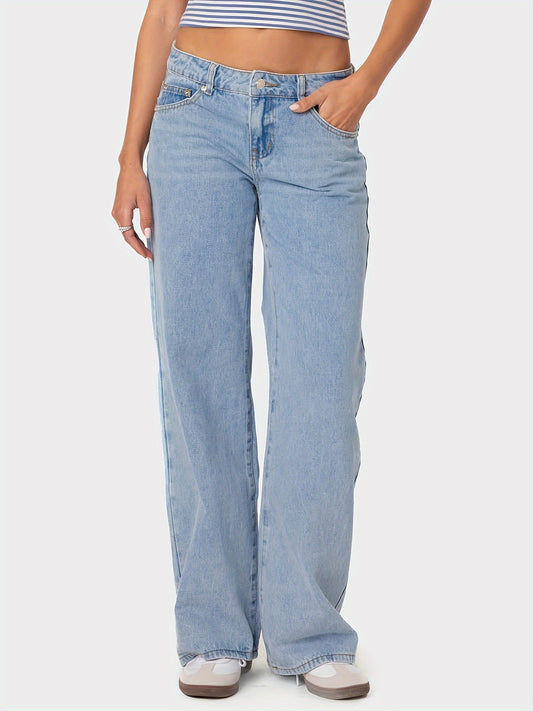 Plus Size Wide Leg Faux Denim for Women - Casual All-Season Long Faux Denim Trousers, Slight Stretch Cotton Blend Solid Color Pants with Button Fly