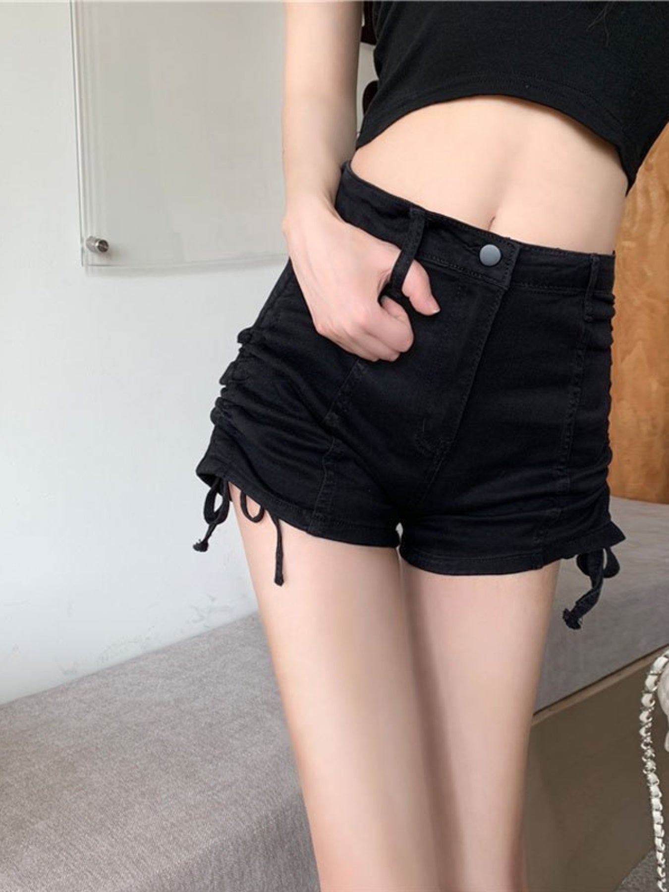 Women's High-Rise Denim Shorts with Side Drawstring Waist - Casual Summer Straight-Leg Jean Shorts for Beach, Club & Streetwear, Machine Washable