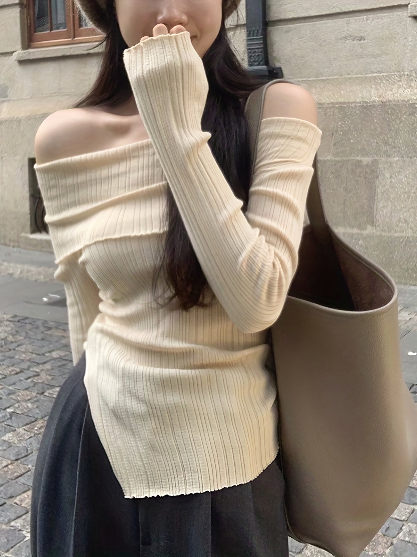 Women'S Autumn And Winter Women'S New One-Shoulder Pullover Slim Hem Slit Thin Casual Long-Sleeved Top Solid Color Off-Shoulder Slit Shirt