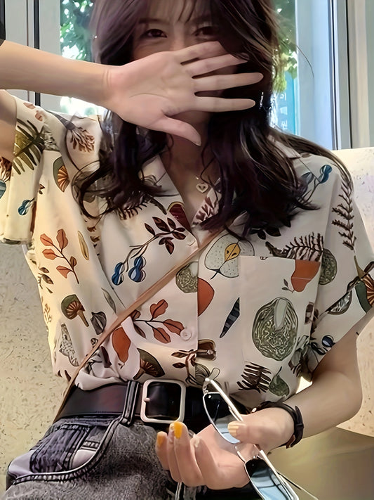 Women's Fashion Casual Loose Short Sleeve Shirt, New Summer Retro Hong Kong Style Printed Half-Sleeve Top
