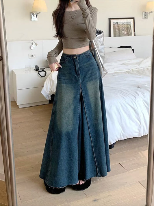 Women's Vintage Washed denim midi skirt - High Waist A-Line skirt, Non-See-Through denim, Elegant Everyday & Formal Outfits, Easy Care Vintage Look for Jeans Dresses Tops, Summer Fashion, Flared Silhouette, Nonseethrough Fabric